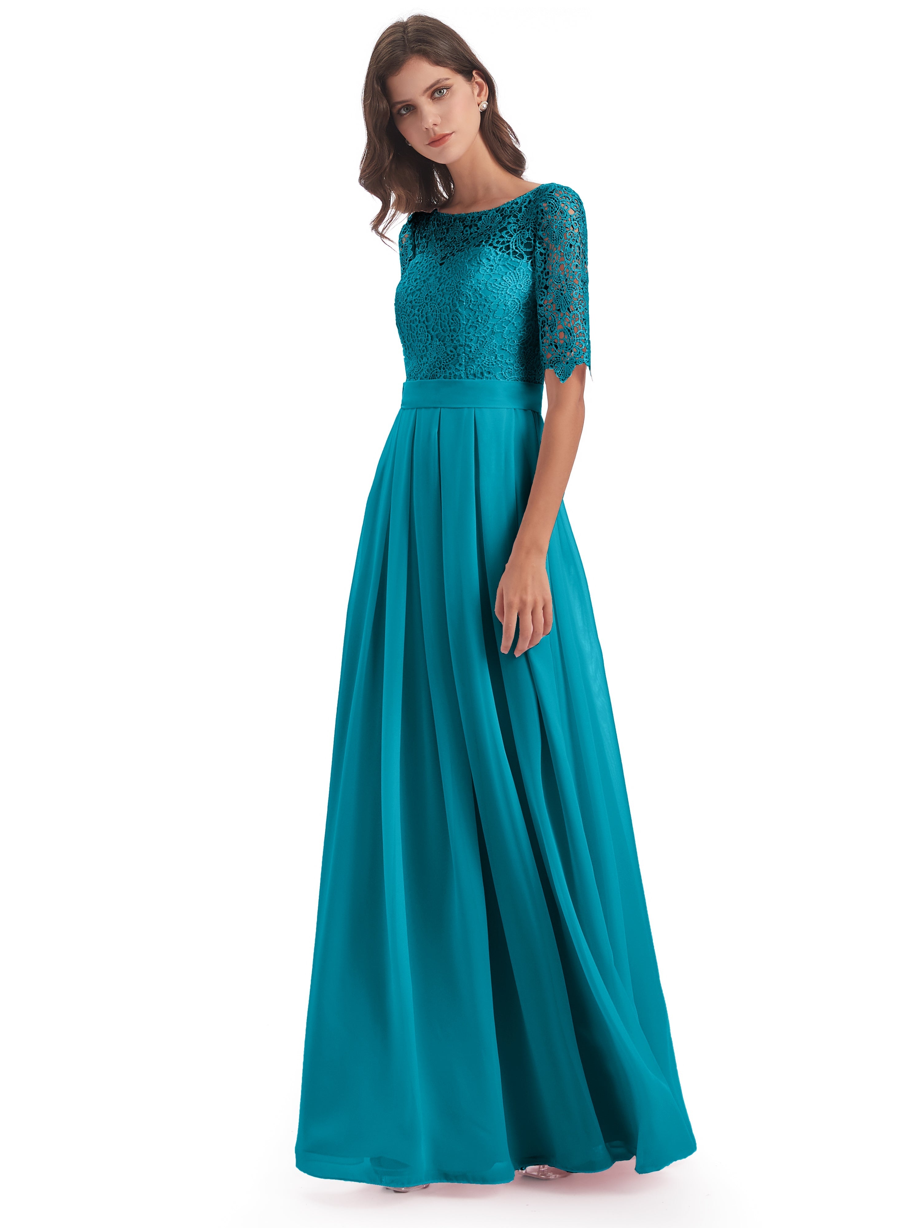 Robes De Demoiselle D'Honneur Vert Jade Demi Manches Encolure Dégagée Robes Demoiselle D'Honneur