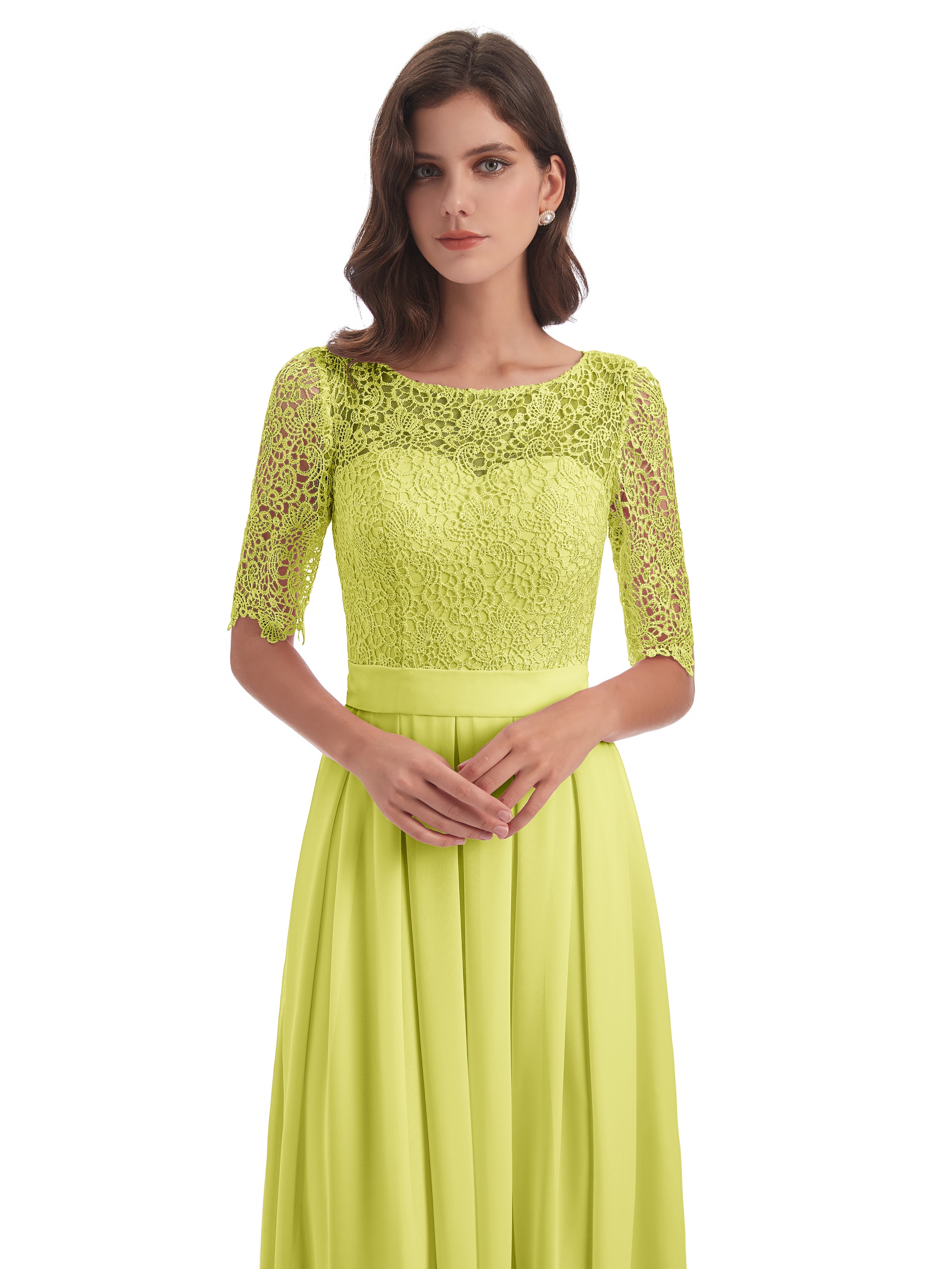 Robes De Demoiselle D'Honneur Jonquille Demi Manches Encolure Dégagée Robes Demoiselle D'Honneur