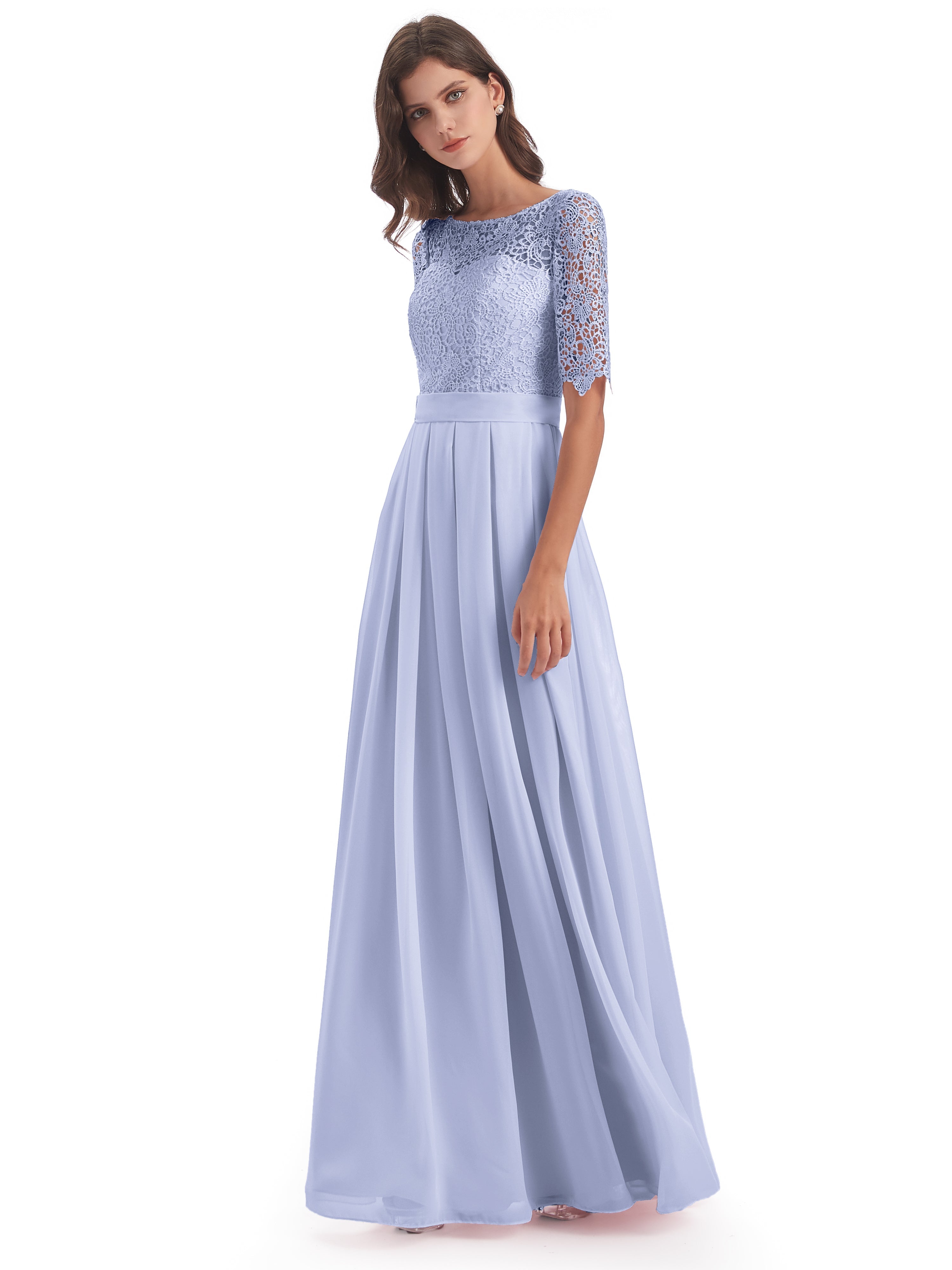 Robe De Demoiselle D'Honneur Lavande Demi Manches Encolure Dégagée Robes Demoiselle D'Honneur