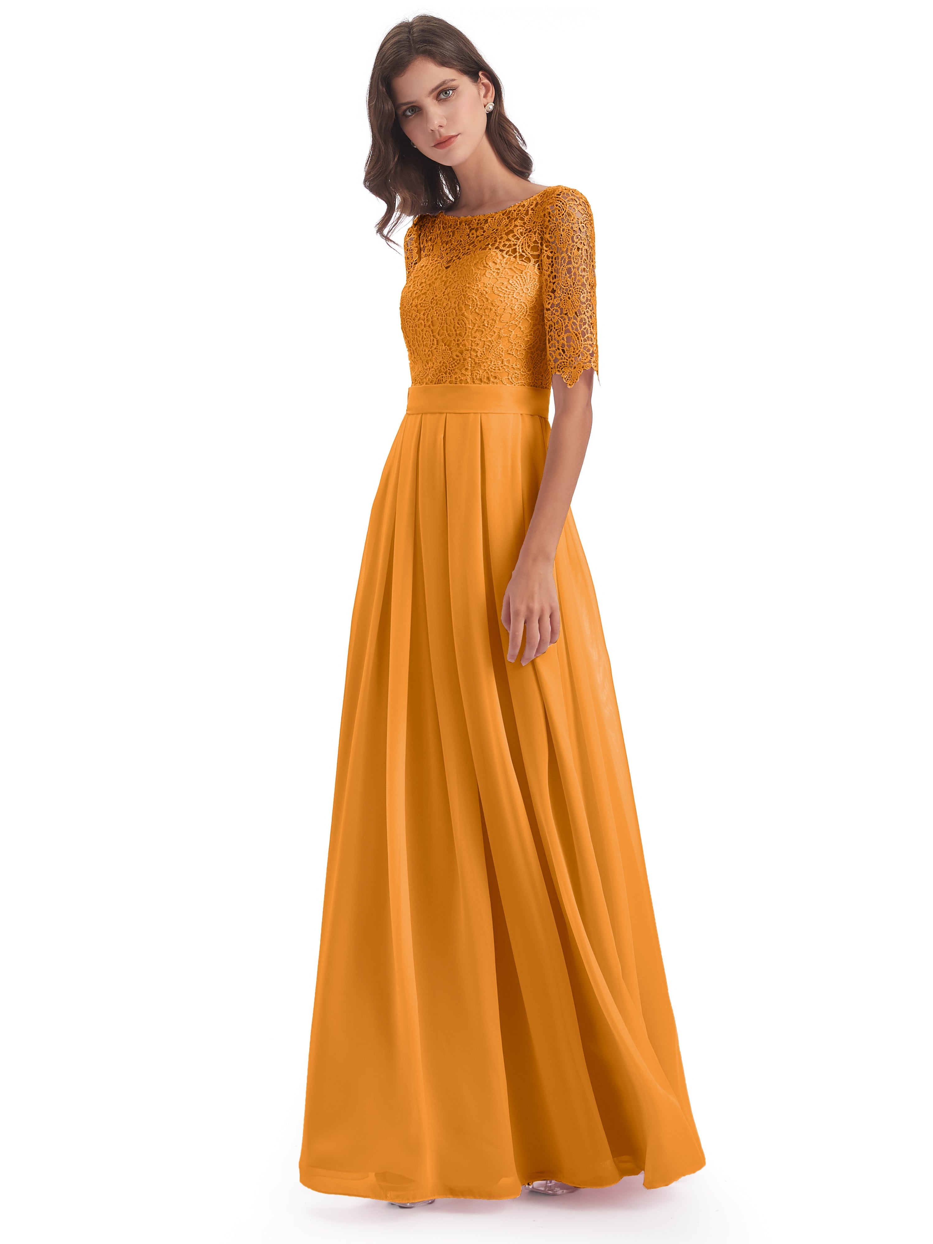 Robes De Demoiselle D'Honneur Mandarine Demi Manches Encolure Dégagée Robes Demoiselle D'Honneur