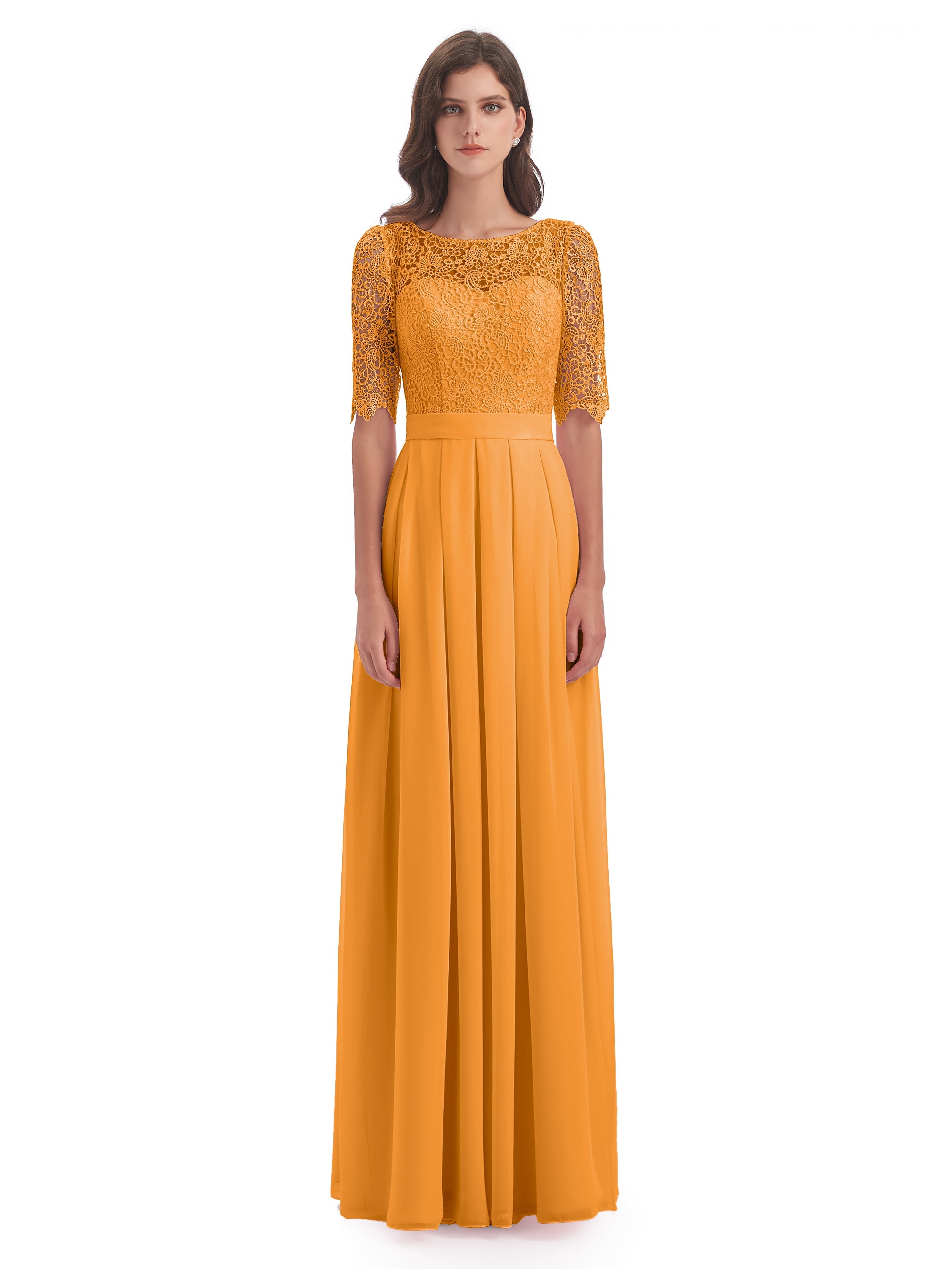 Robes De Demoiselle D'Honneur Mandarine Demi Manches Encolure Dégagée Robes Demoiselle D'Honneur