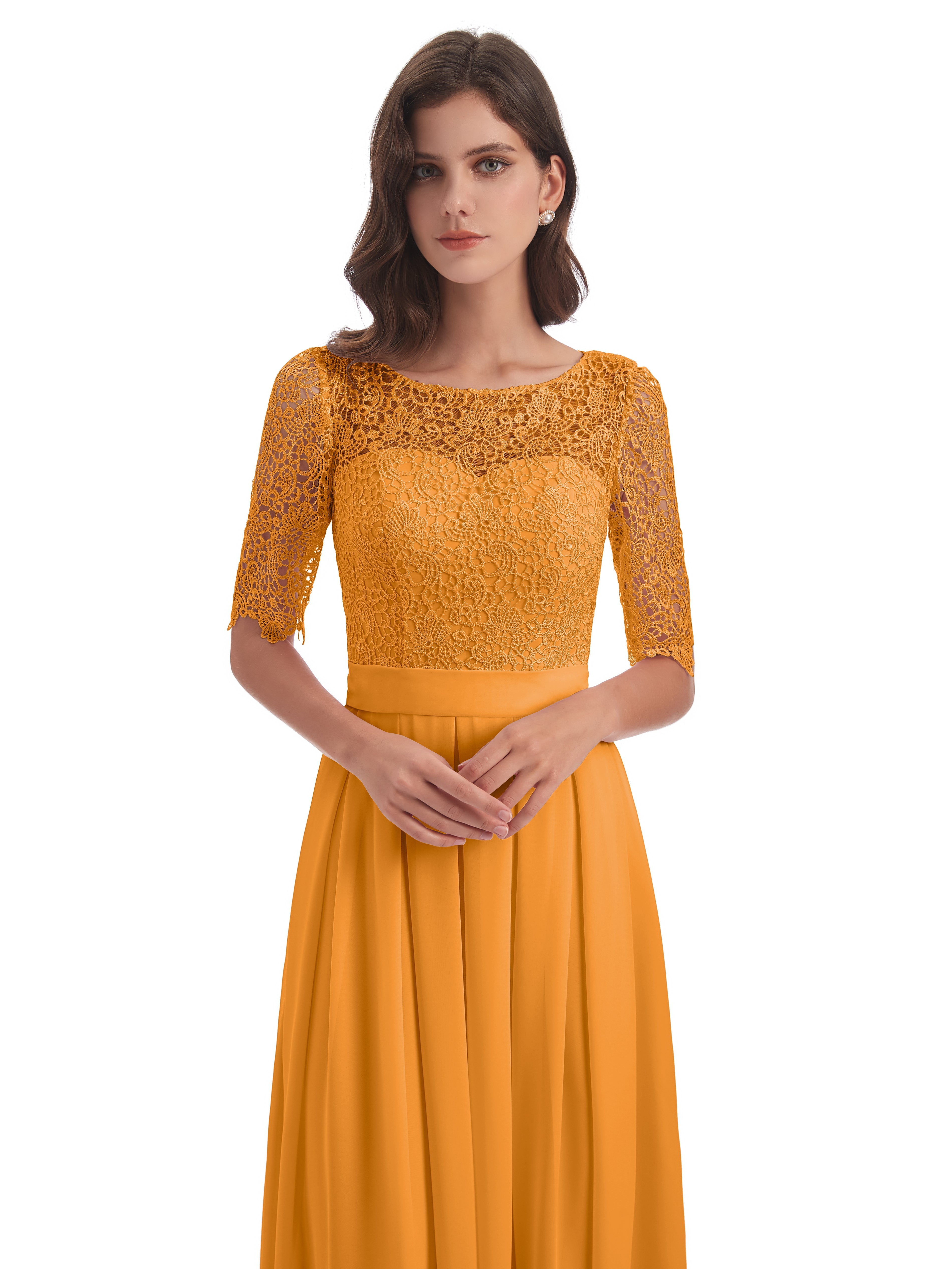 Robes De Demoiselle D'Honneur Mandarine Demi Manches Encolure Dégagée Robes Demoiselle D'Honneur