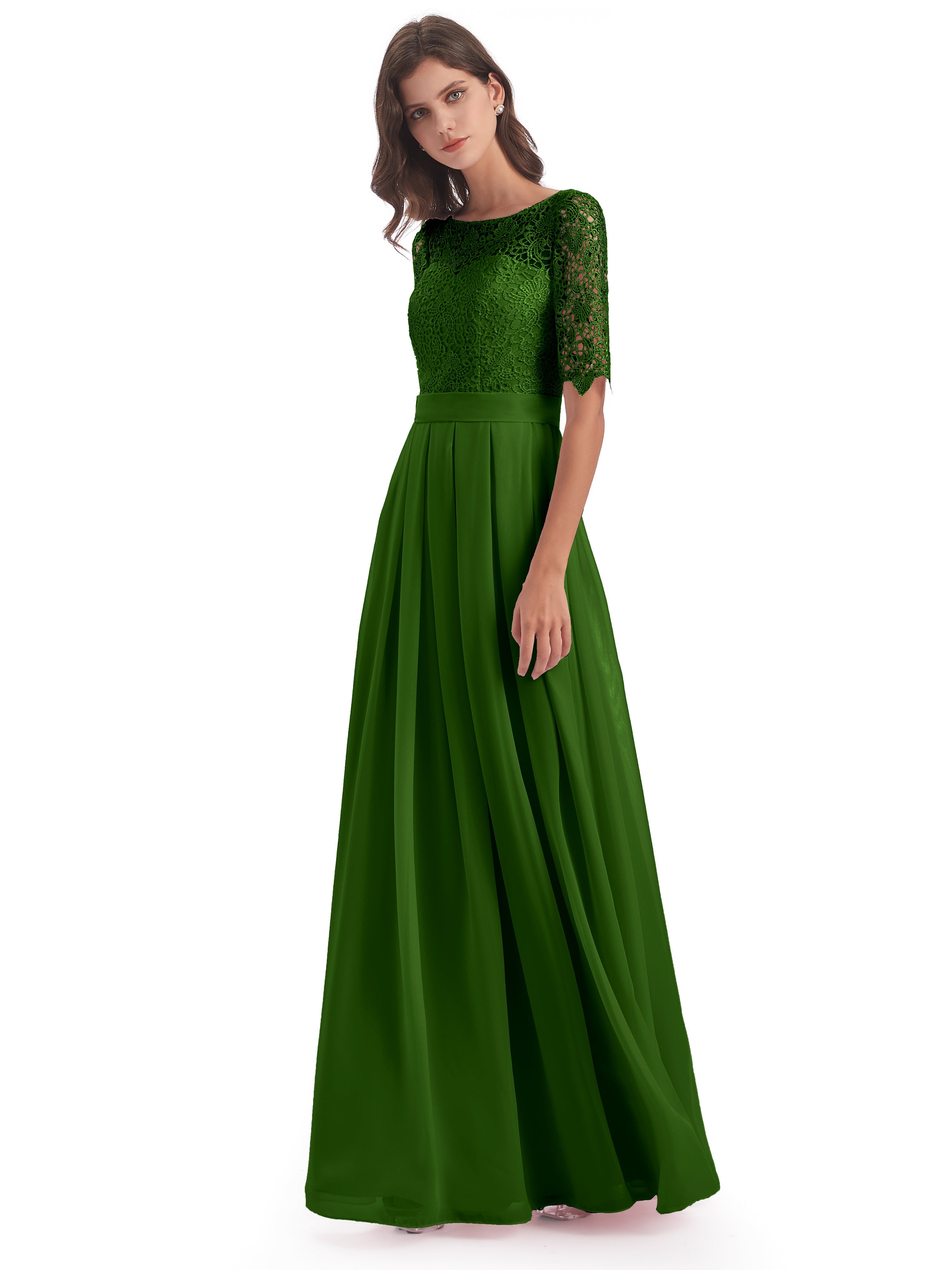 Robes De Demoiselle D'Honneur Vert Mousse Demi Manches Encolure Dégagée Robes Demoiselle D'Honneur