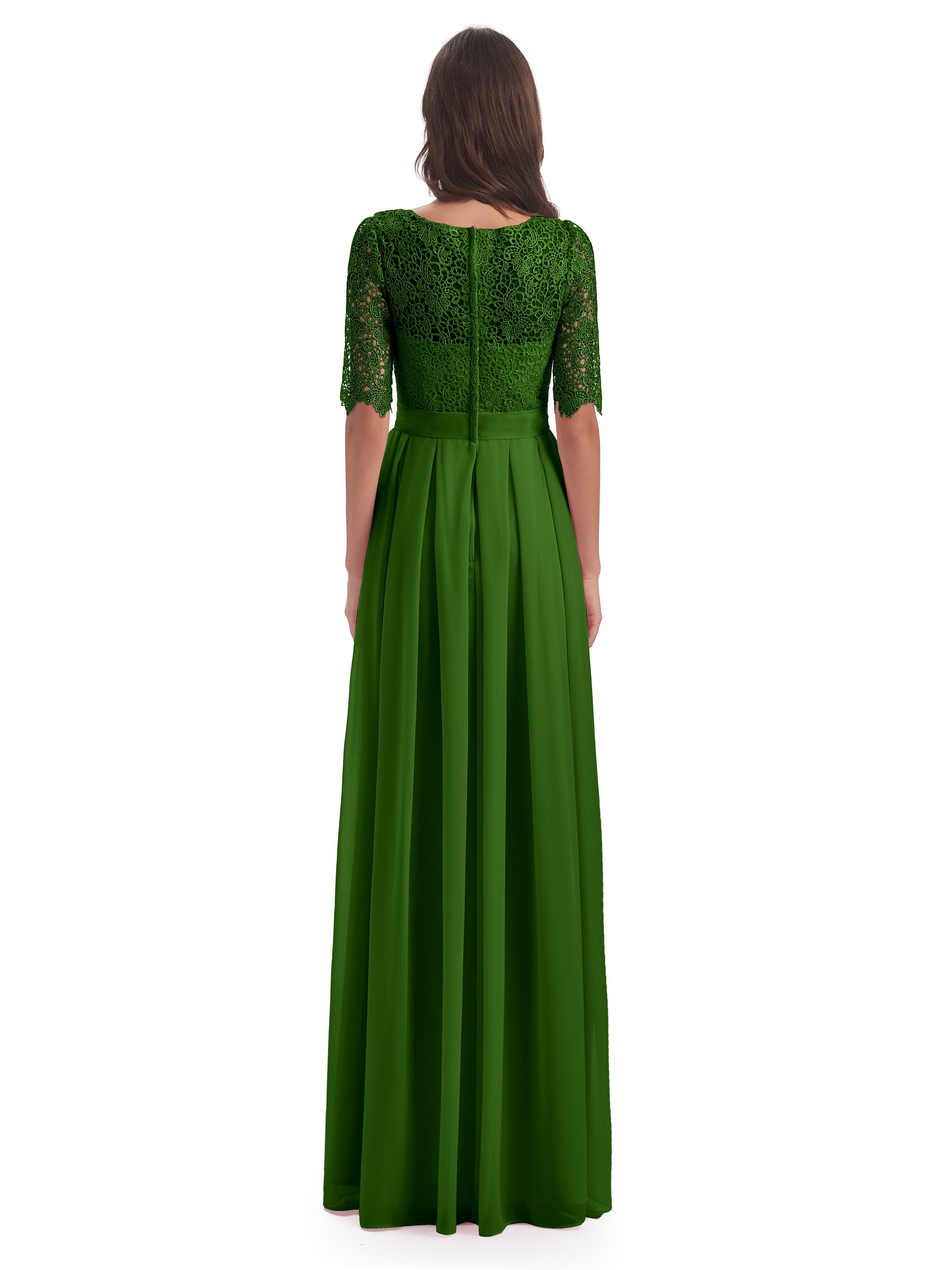 Robes De Demoiselle D'Honneur Vert Mousse Demi Manches Encolure Dégagée Robes Demoiselle D'Honneur