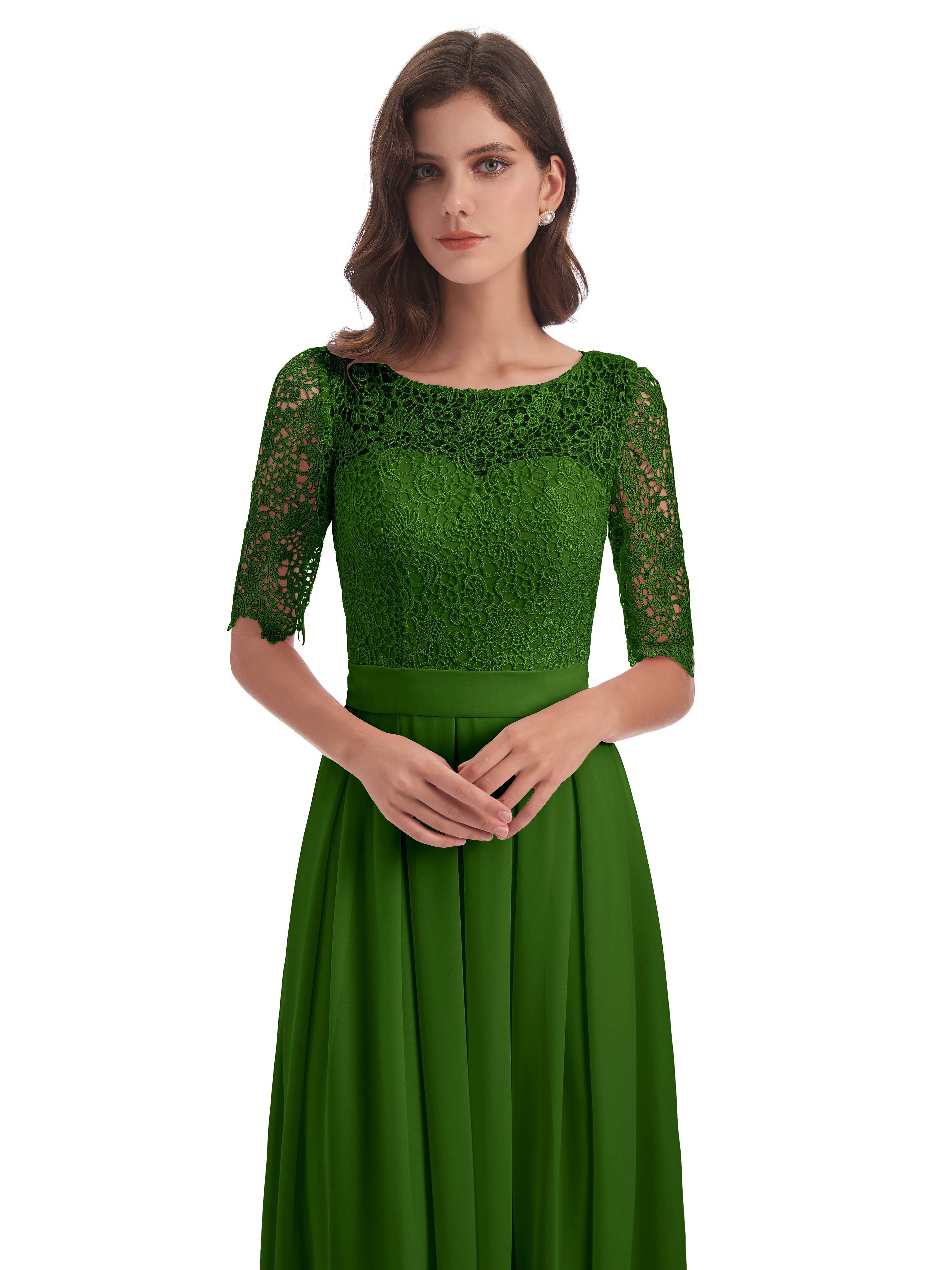 Robes De Demoiselle D'Honneur Vert Mousse Demi Manches Encolure Dégagée Robes Demoiselle D'Honneur