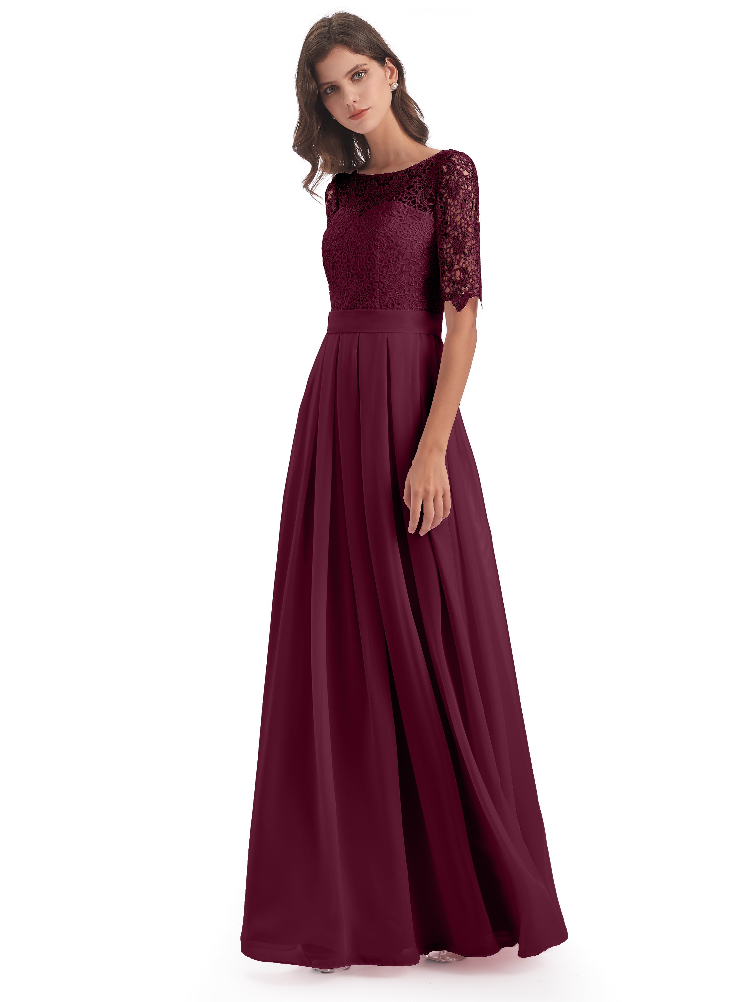 Robes De Demoiselle D'Honneur Mûre Demi Manches Encolure Dégagée Robes Demoiselle D'Honneur