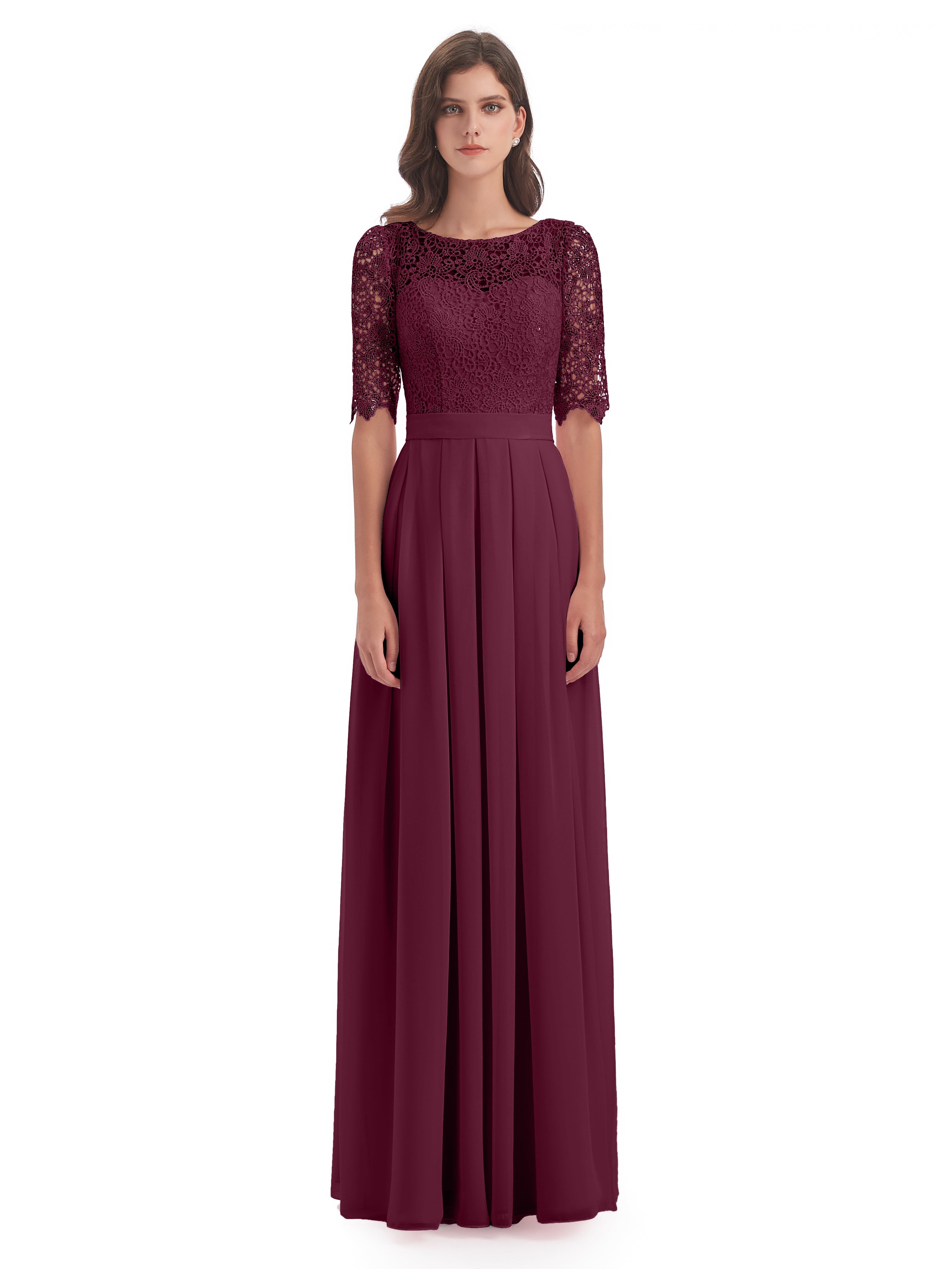 Robes De Demoiselle D'Honneur Mûre Demi Manches Encolure Dégagée Robes Demoiselle D'Honneur