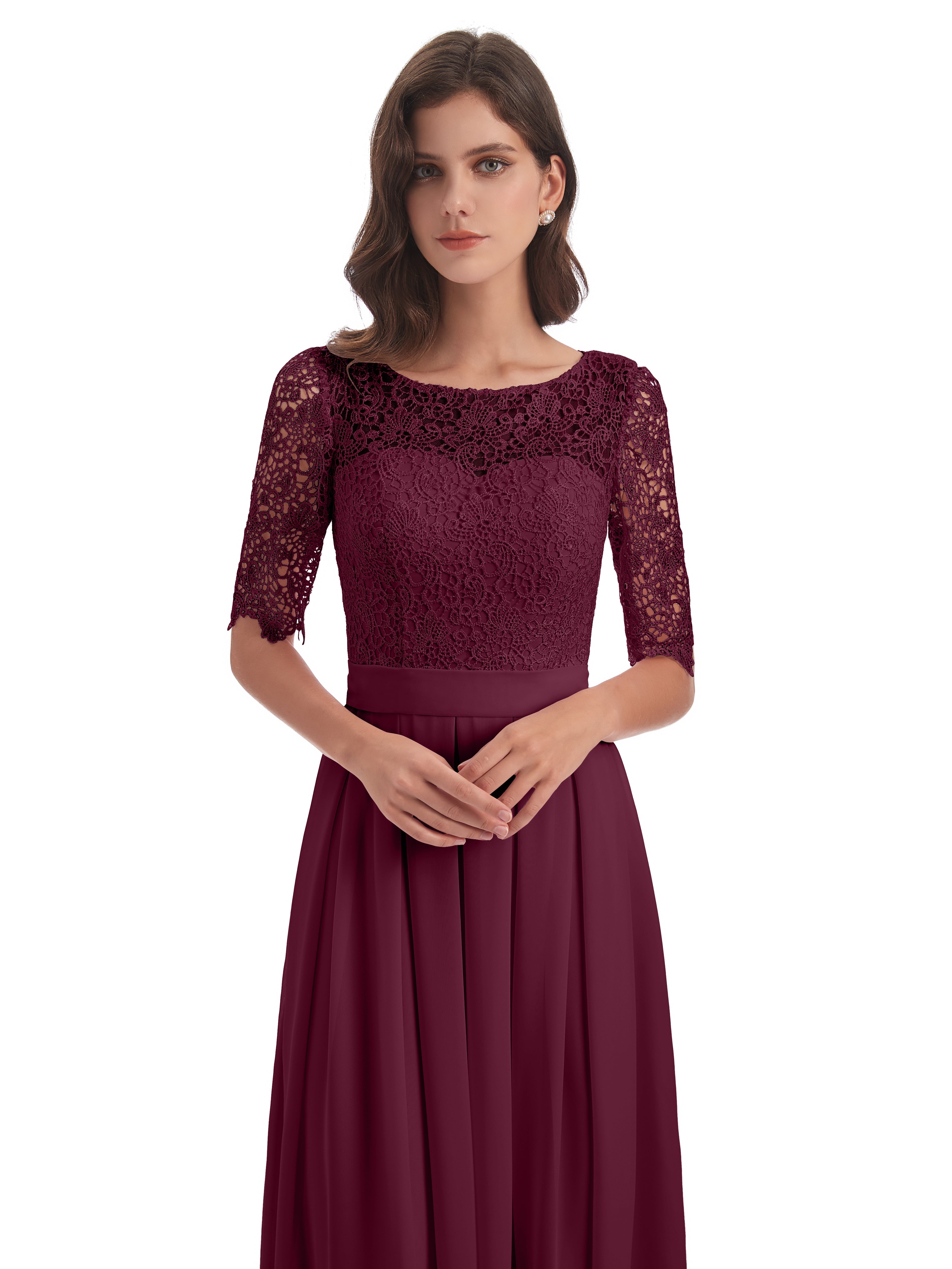 Robes De Demoiselle D'Honneur Mûre Demi Manches Encolure Dégagée Robes Demoiselle D'Honneur