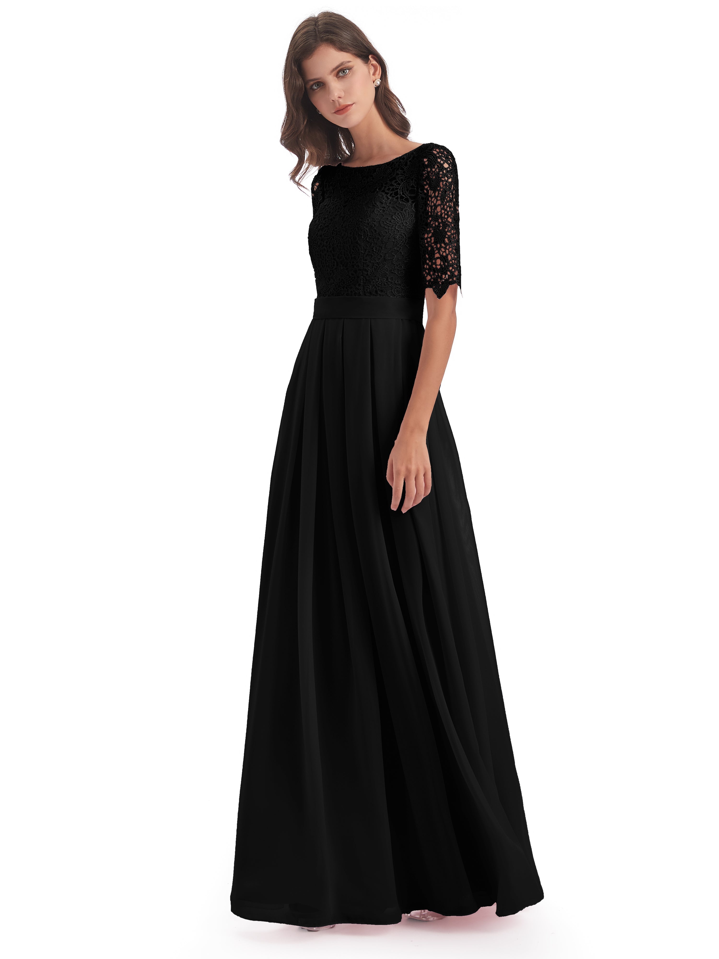 Robe De Demoiselle D Honneur Noire Demi Manches Encolure Dégagée Robes Demoiselle D'Honneur