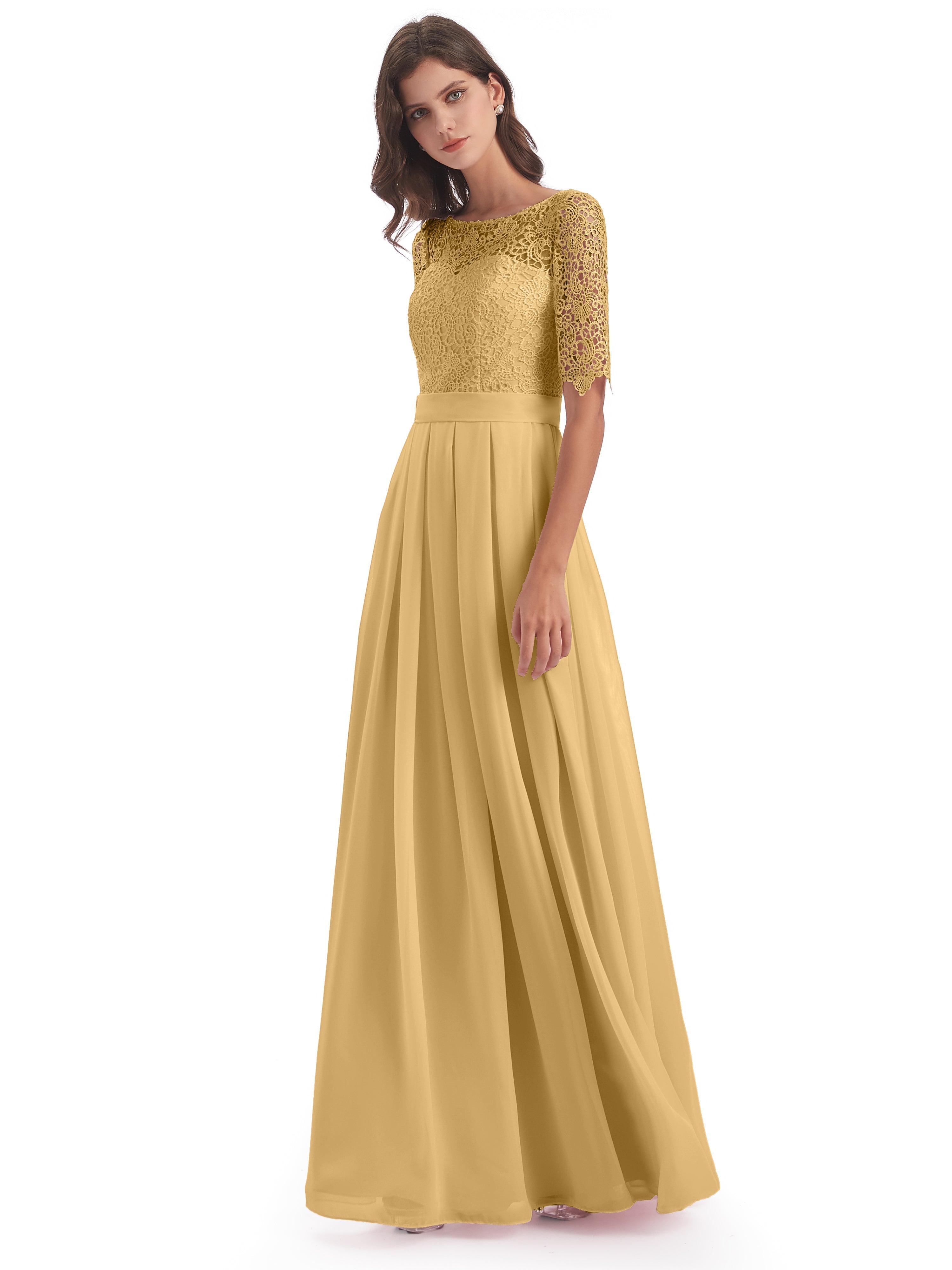Robe Demoiselle D Honneur Doré Demi Manches Encolure Dégagée Robes Demoiselle D'Honneur