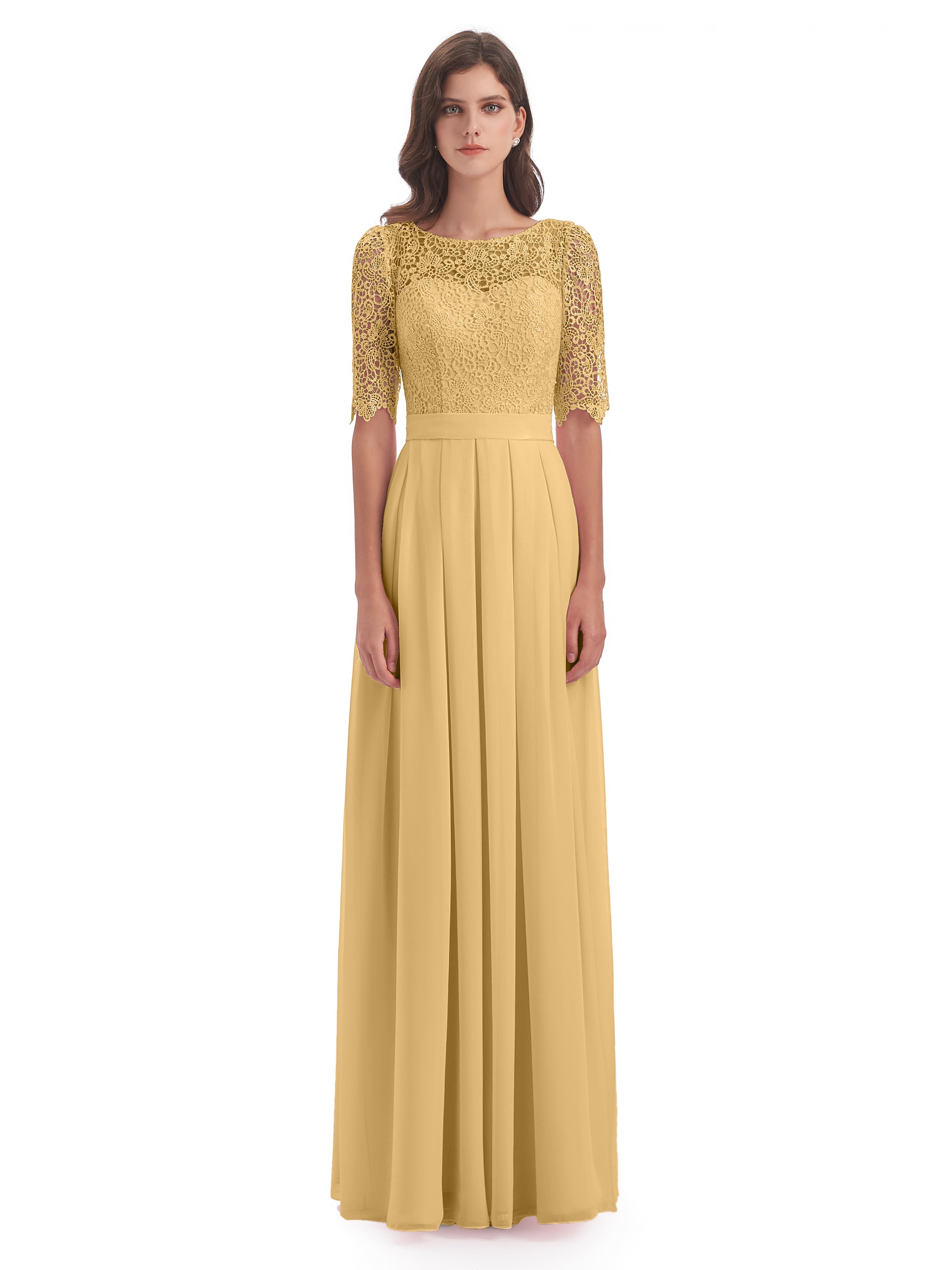 Robe Demoiselle D Honneur Doré Demi Manches Encolure Dégagée Robes Demoiselle D'Honneur