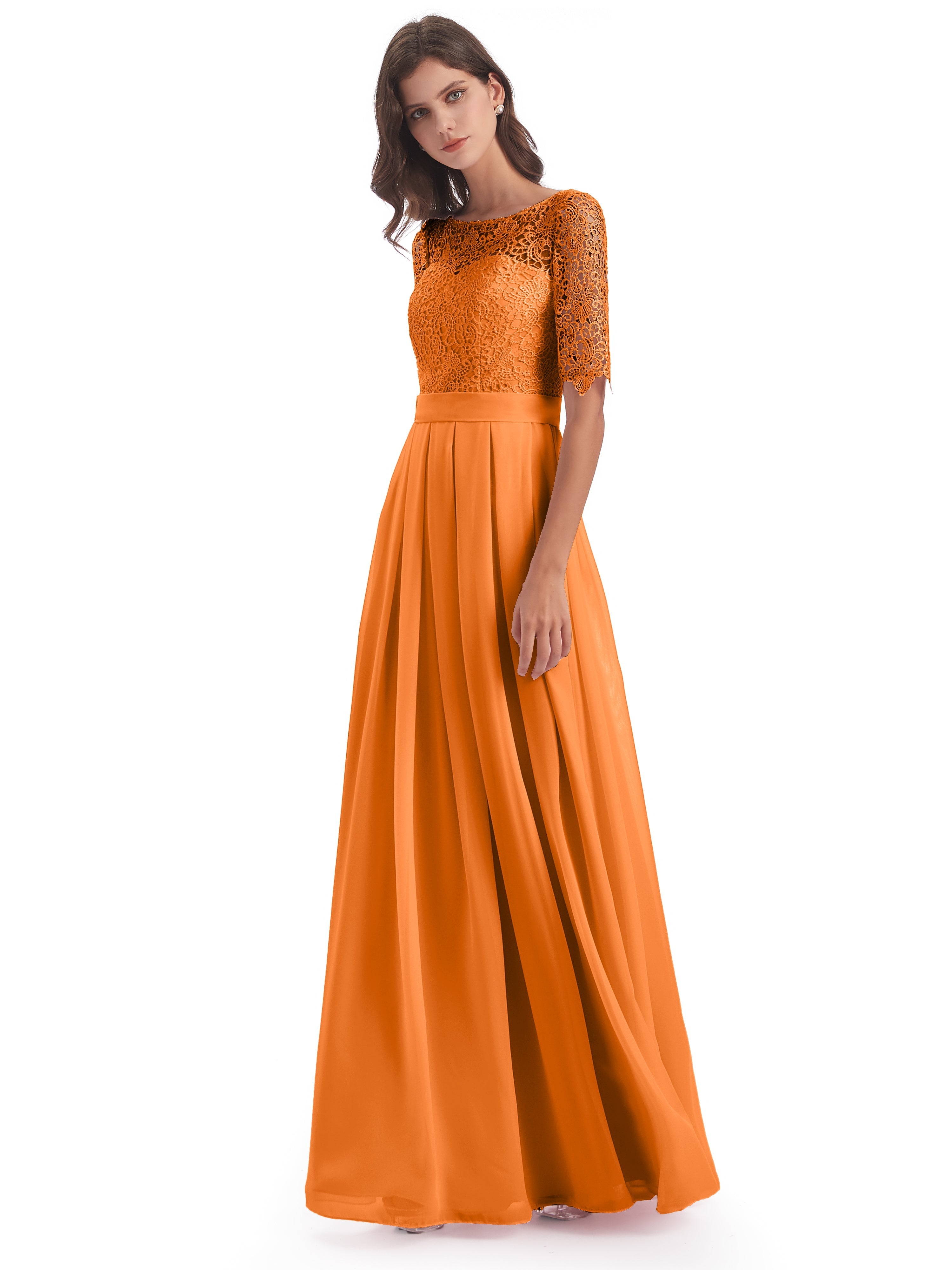 Robe Demoiselle D Honneur Orange Demi Manches Encolure Dégagée Robes Demoiselle D'Honneur