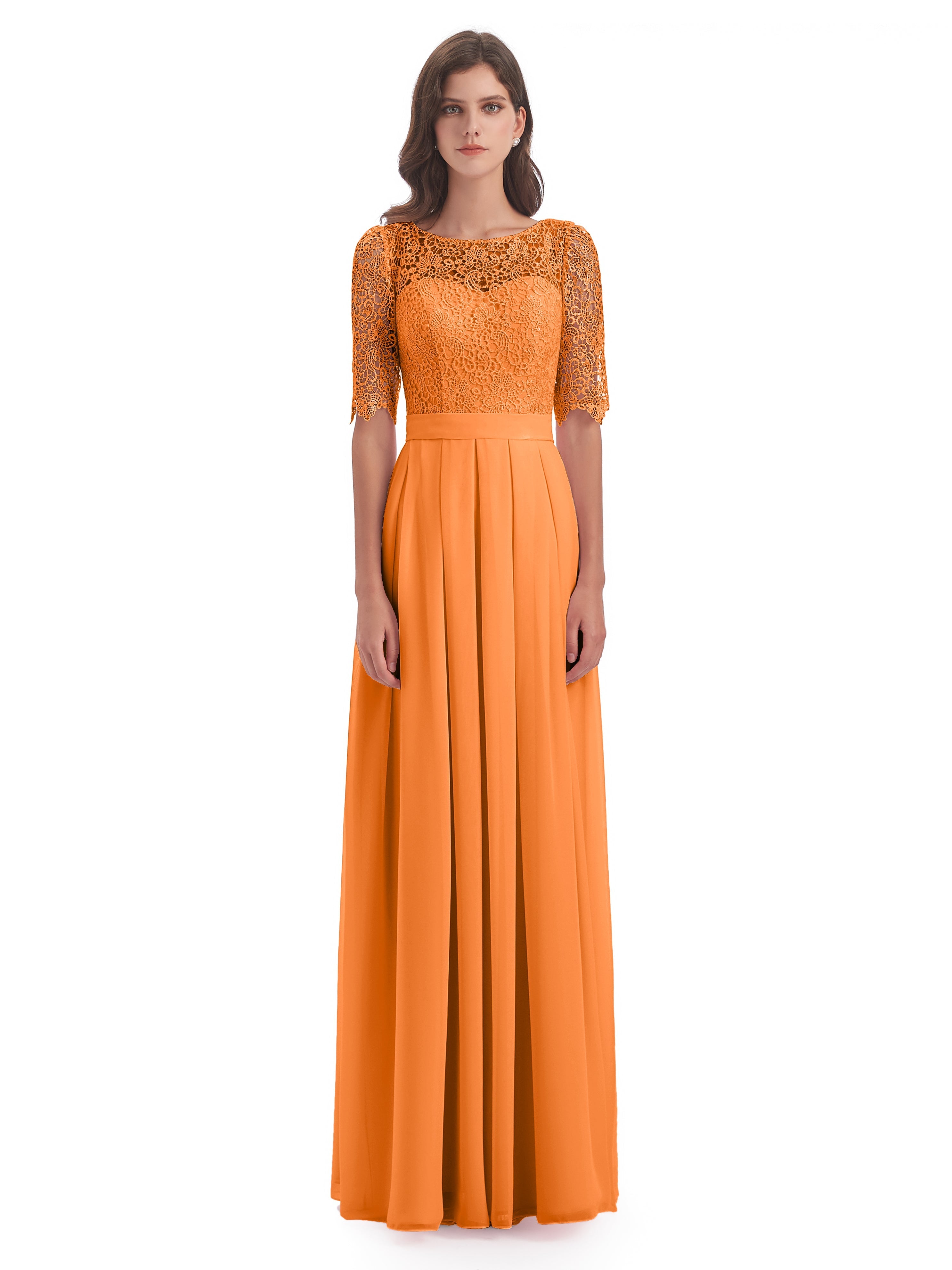Robe Demoiselle D Honneur Orange Demi Manches Encolure Dégagée Robes Demoiselle D'Honneur
