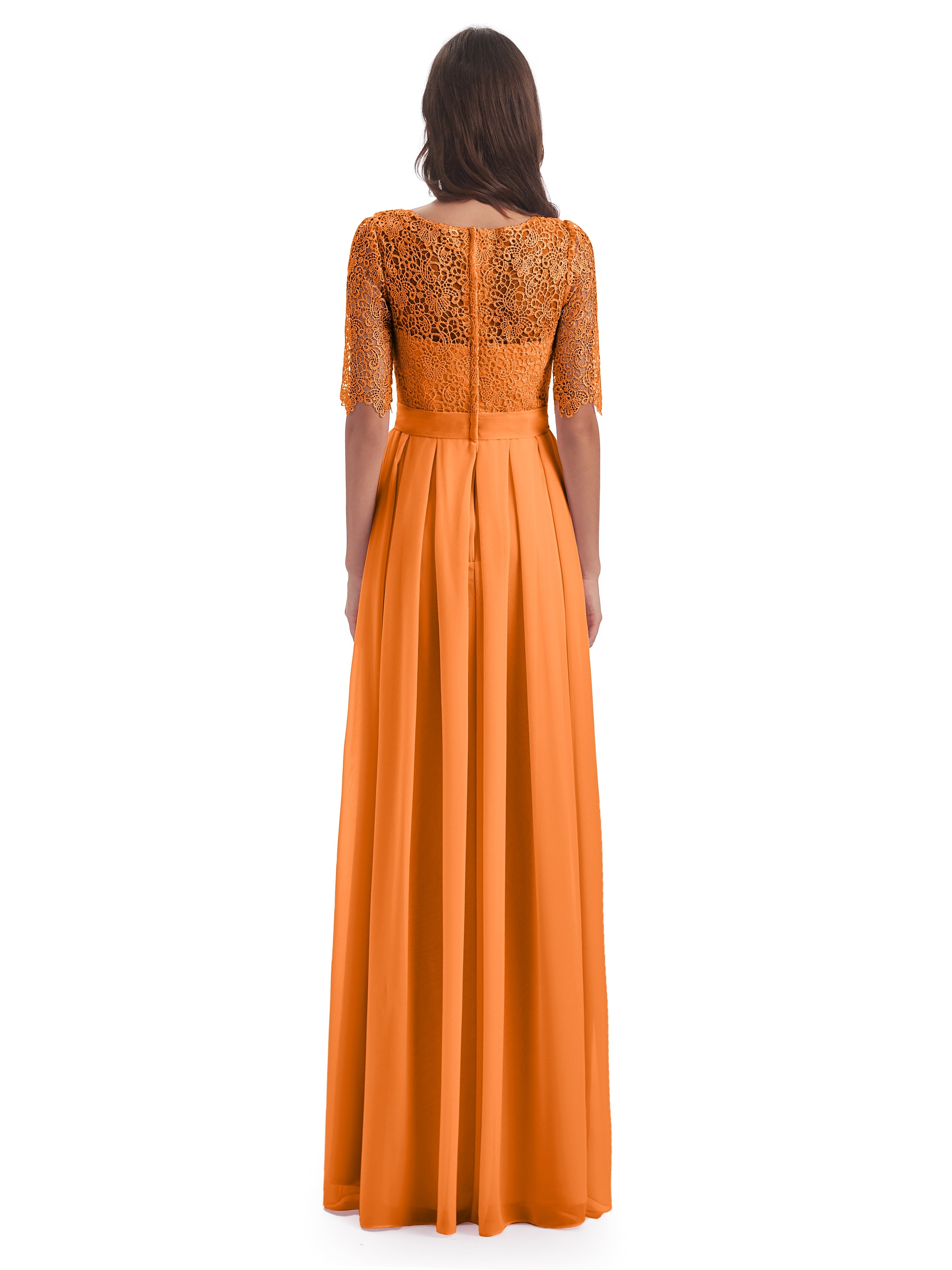 Robe Demoiselle D Honneur Orange Demi Manches Encolure Dégagée Robes Demoiselle D'Honneur
