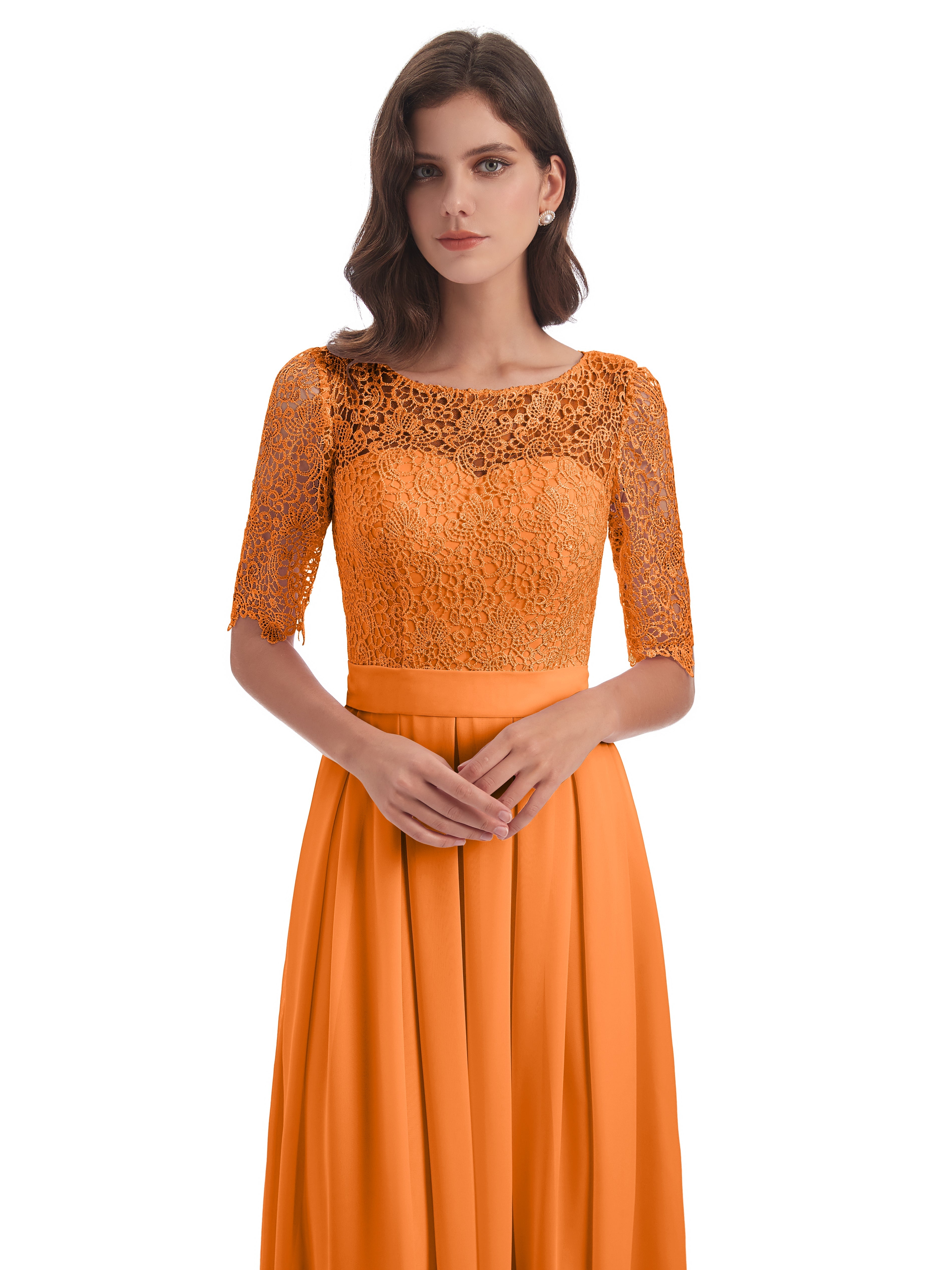 Robe Demoiselle D Honneur Orange Demi Manches Encolure Dégagée Robes Demoiselle D'Honneur