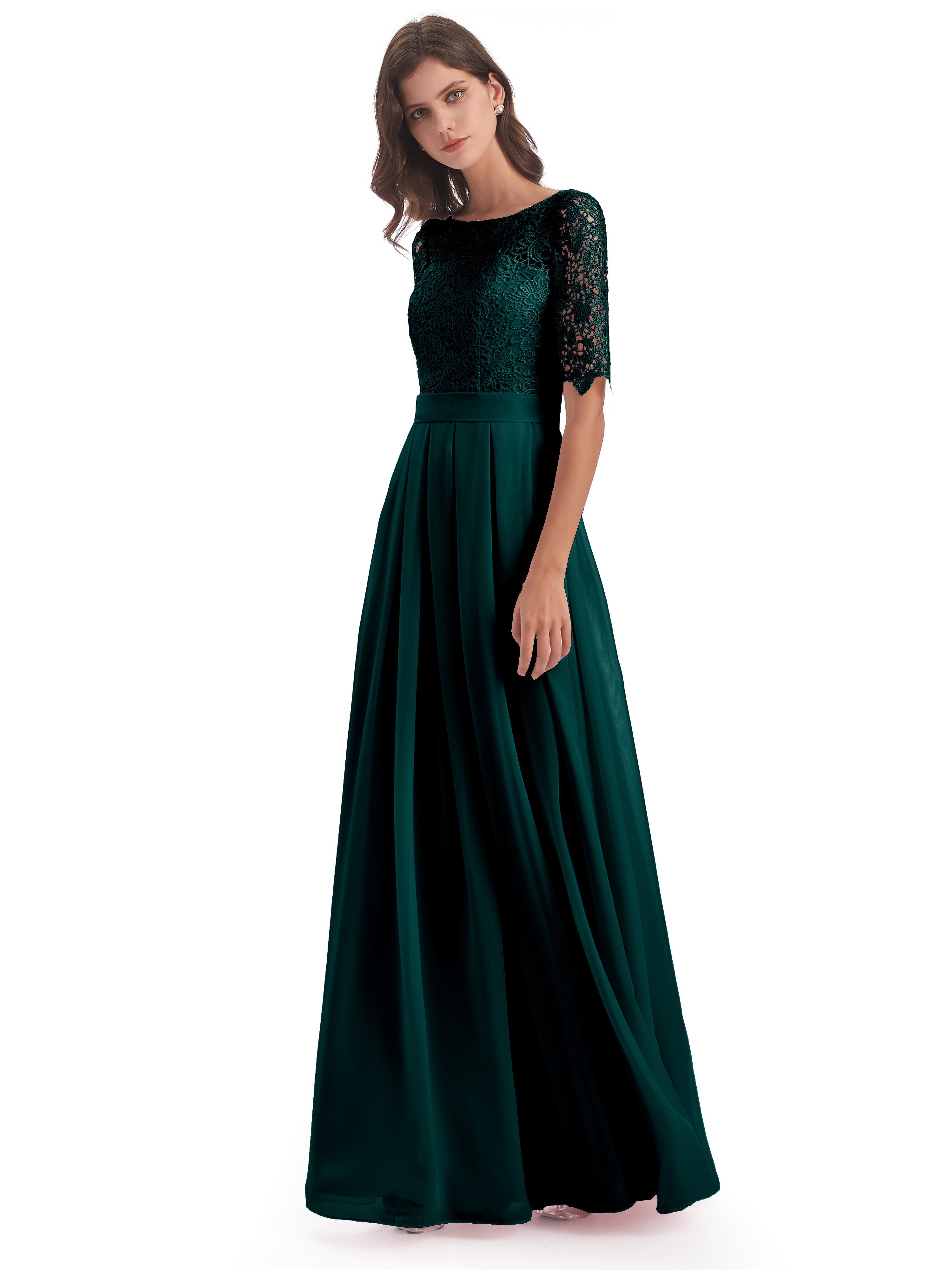 Robe De Demoiselle D'Honneur De Paon Au Sol Demi Manches Encolure Dégagée Robes Demoiselle D'Honneur