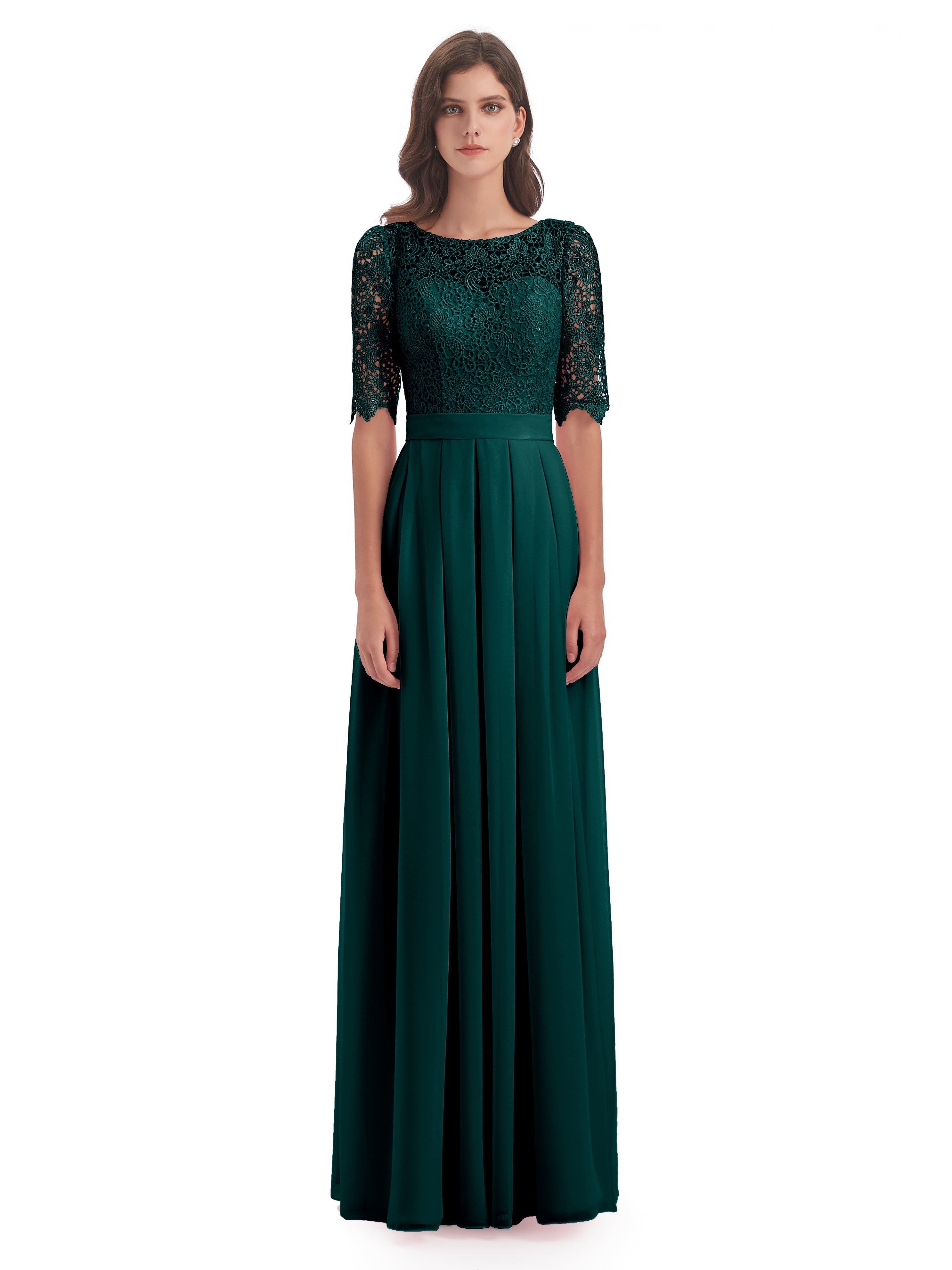 Robe De Demoiselle D'Honneur De Paon Au Sol Demi Manches Encolure Dégagée Robes Demoiselle D'Honneur