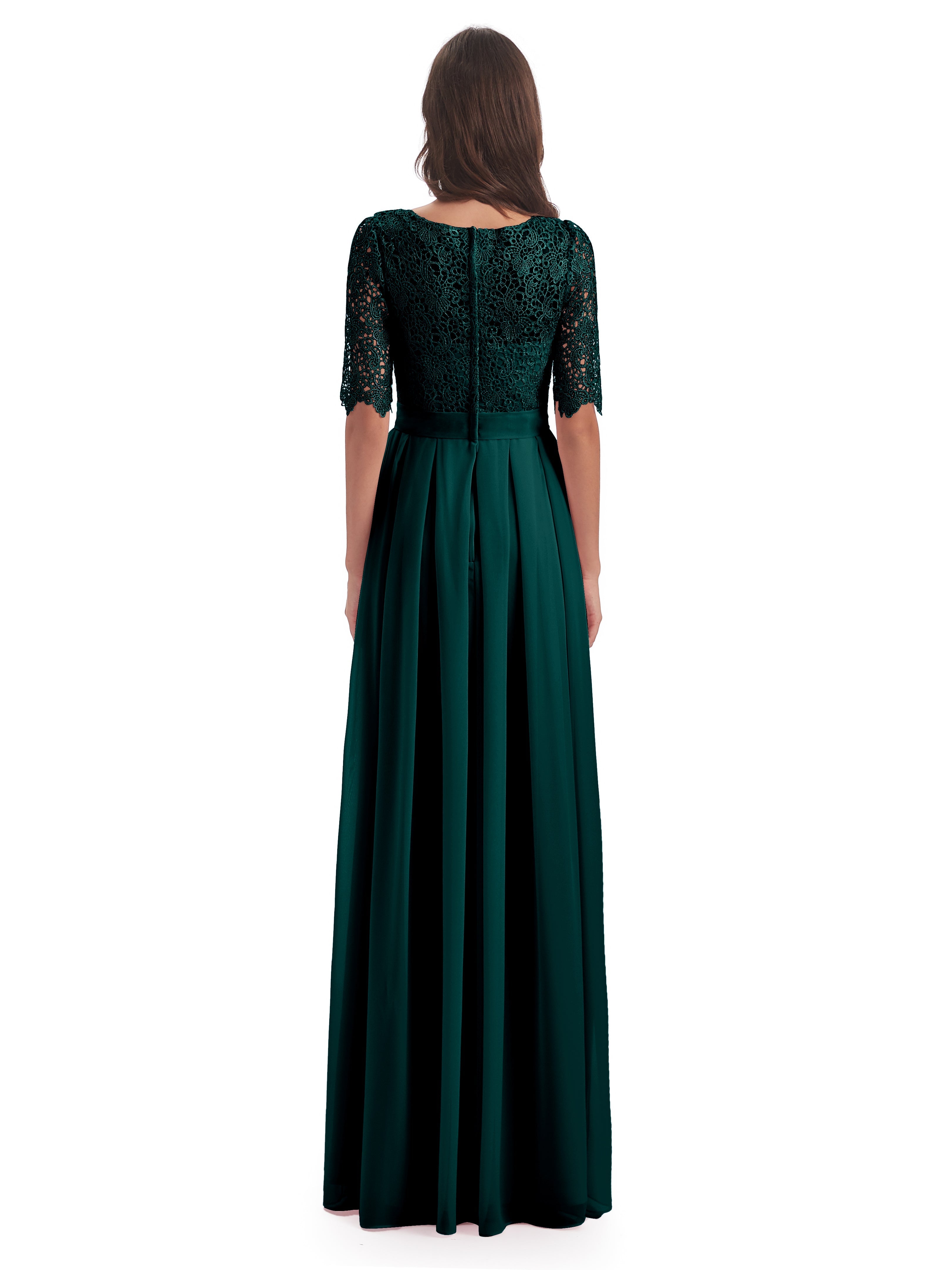Robe De Demoiselle D'Honneur De Paon Au Sol Demi Manches Encolure Dégagée Robes Demoiselle D'Honneur