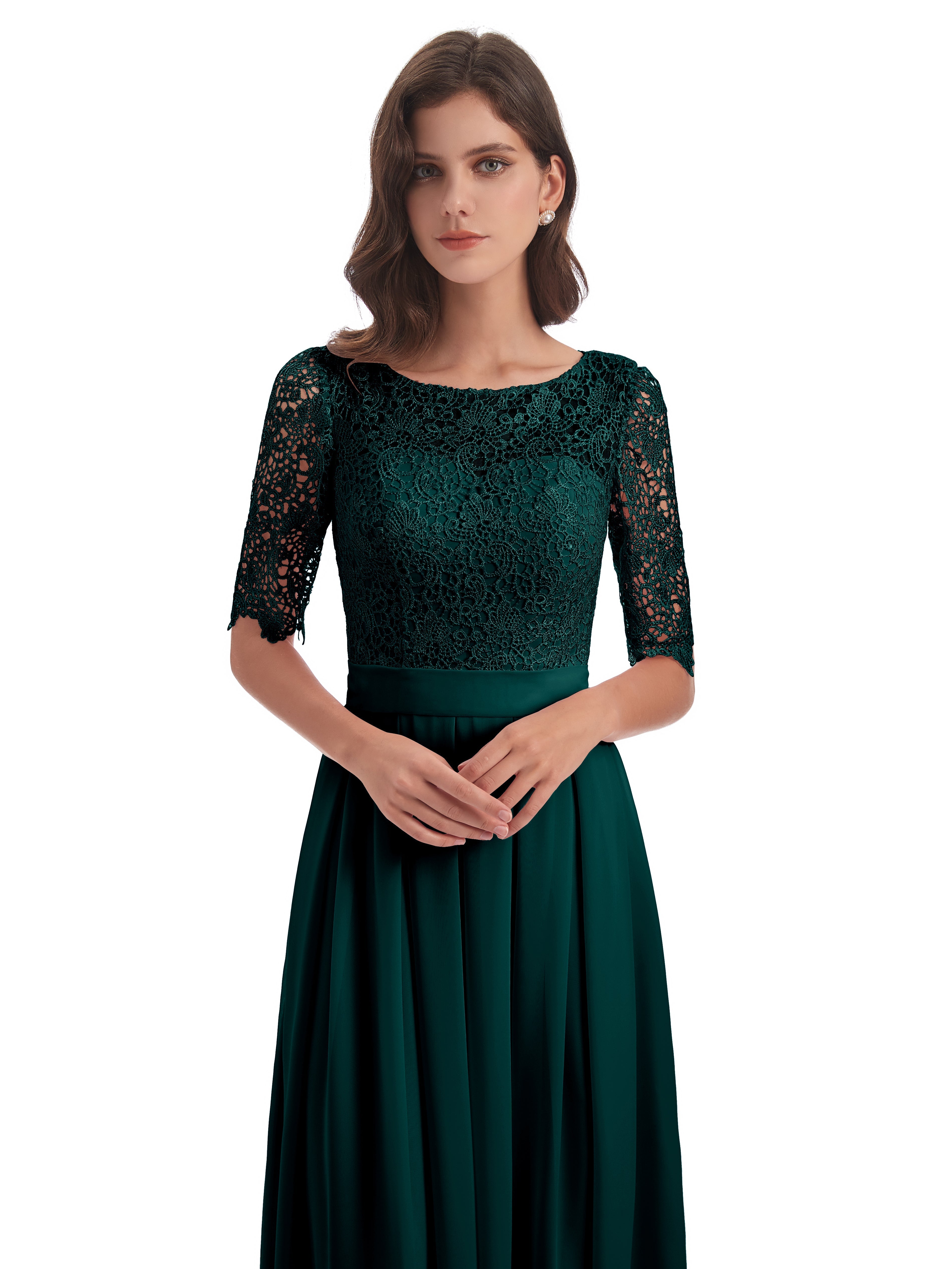 Robe De Demoiselle D'Honneur De Paon Au Sol Demi Manches Encolure Dégagée Robes Demoiselle D'Honneur