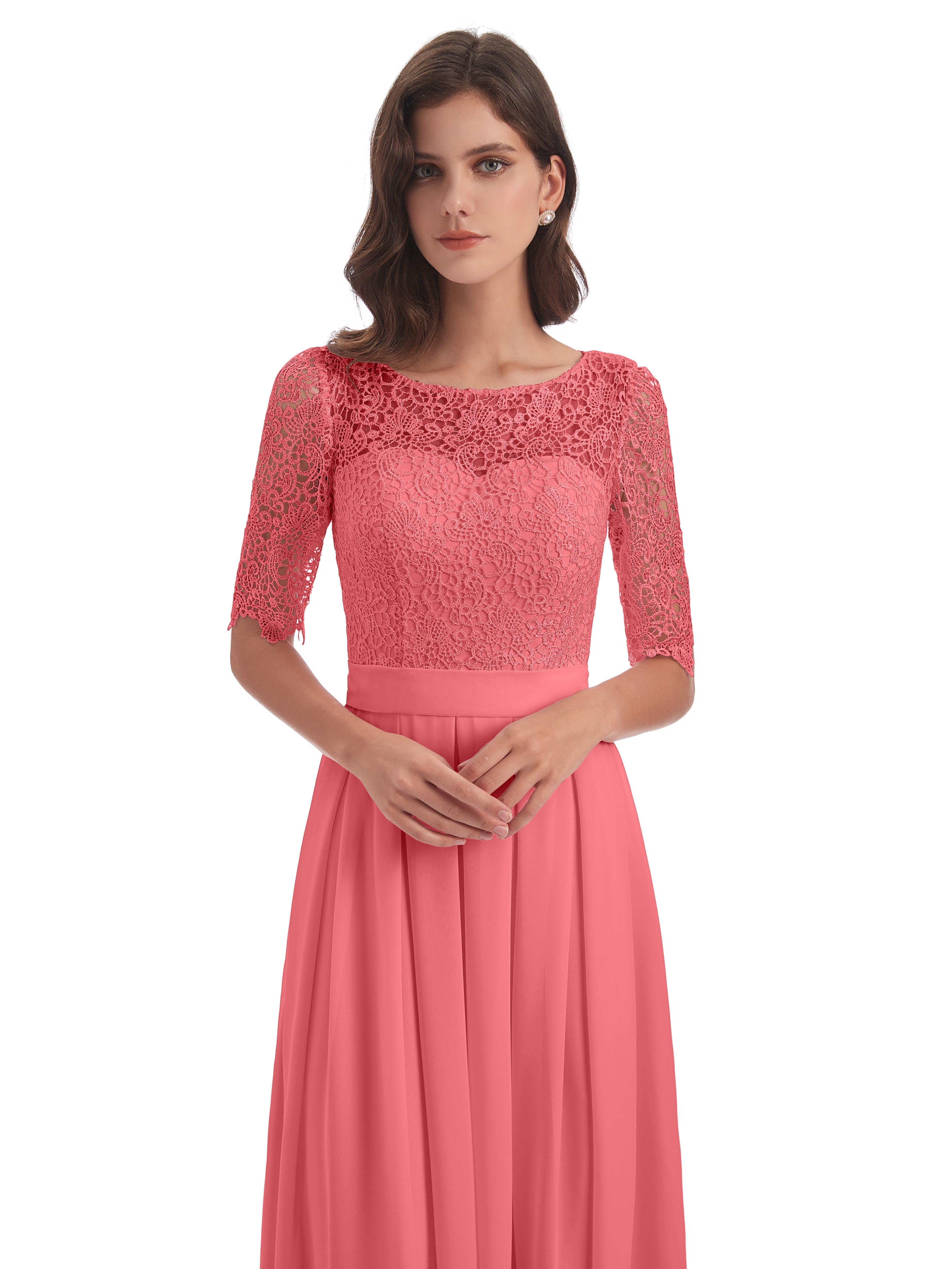 Robes De Demoiselle D'Honneur Pastèque Demi Manches Encolure Dégagée Robes Demoiselle D'Honneur