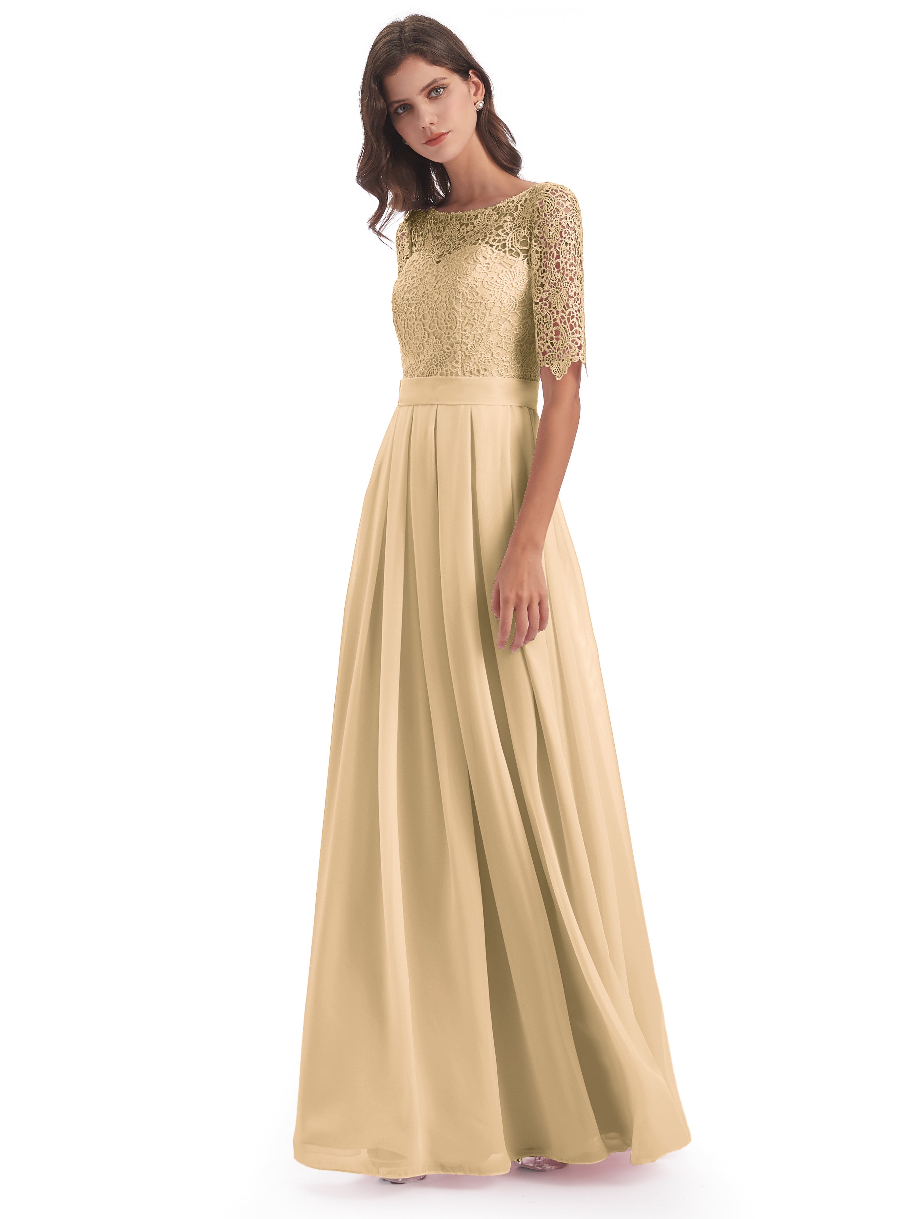 Robe De Demoiselle D Honneur Couleur Peche Demi Manches Encolure Dégagée Robes Demoiselle D'Honneur