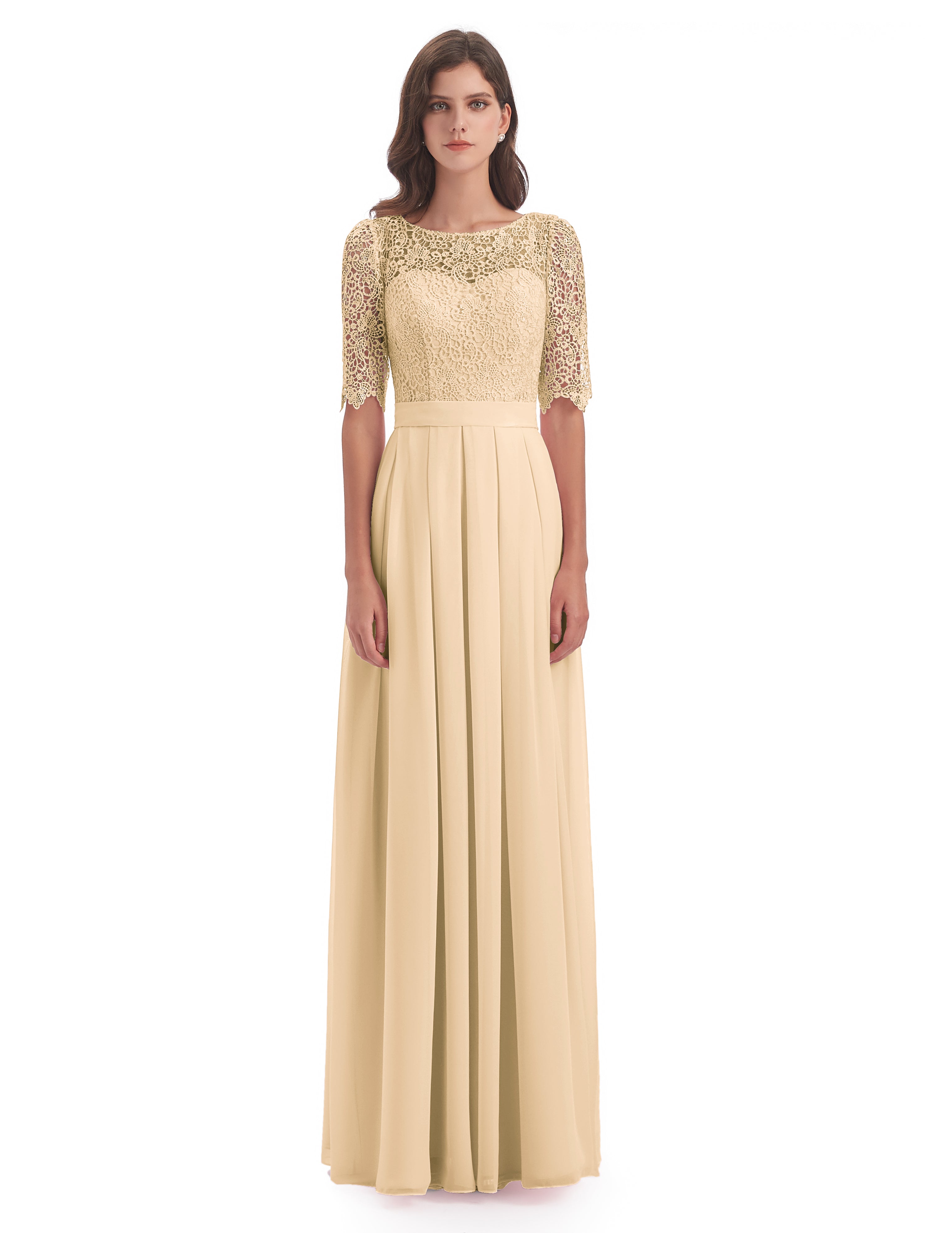 Robe De Demoiselle D Honneur Couleur Peche Demi Manches Encolure Dégagée Robes Demoiselle D'Honneur