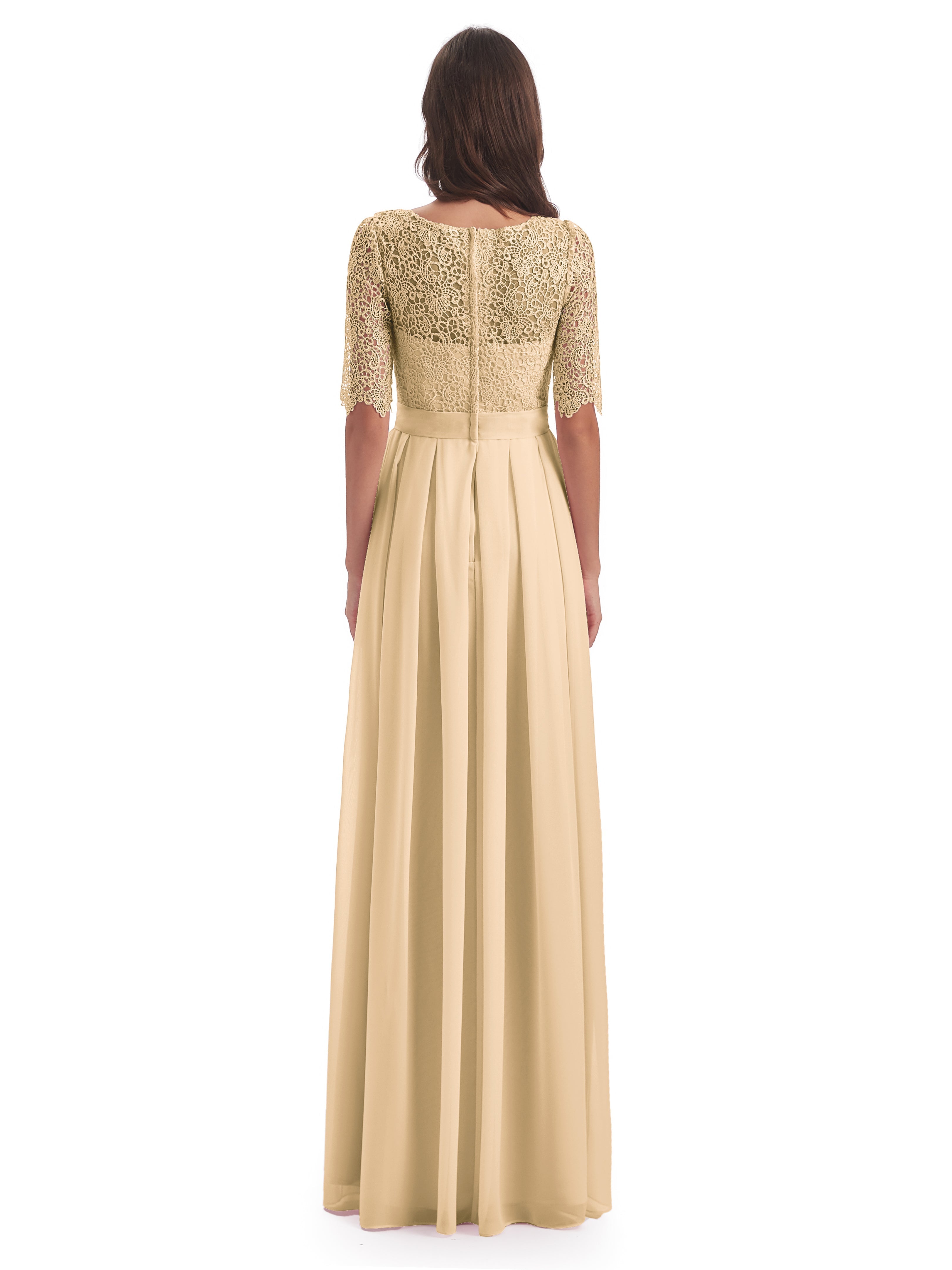 Robe De Demoiselle D Honneur Couleur Peche Demi Manches Encolure Dégagée Robes Demoiselle D'Honneur