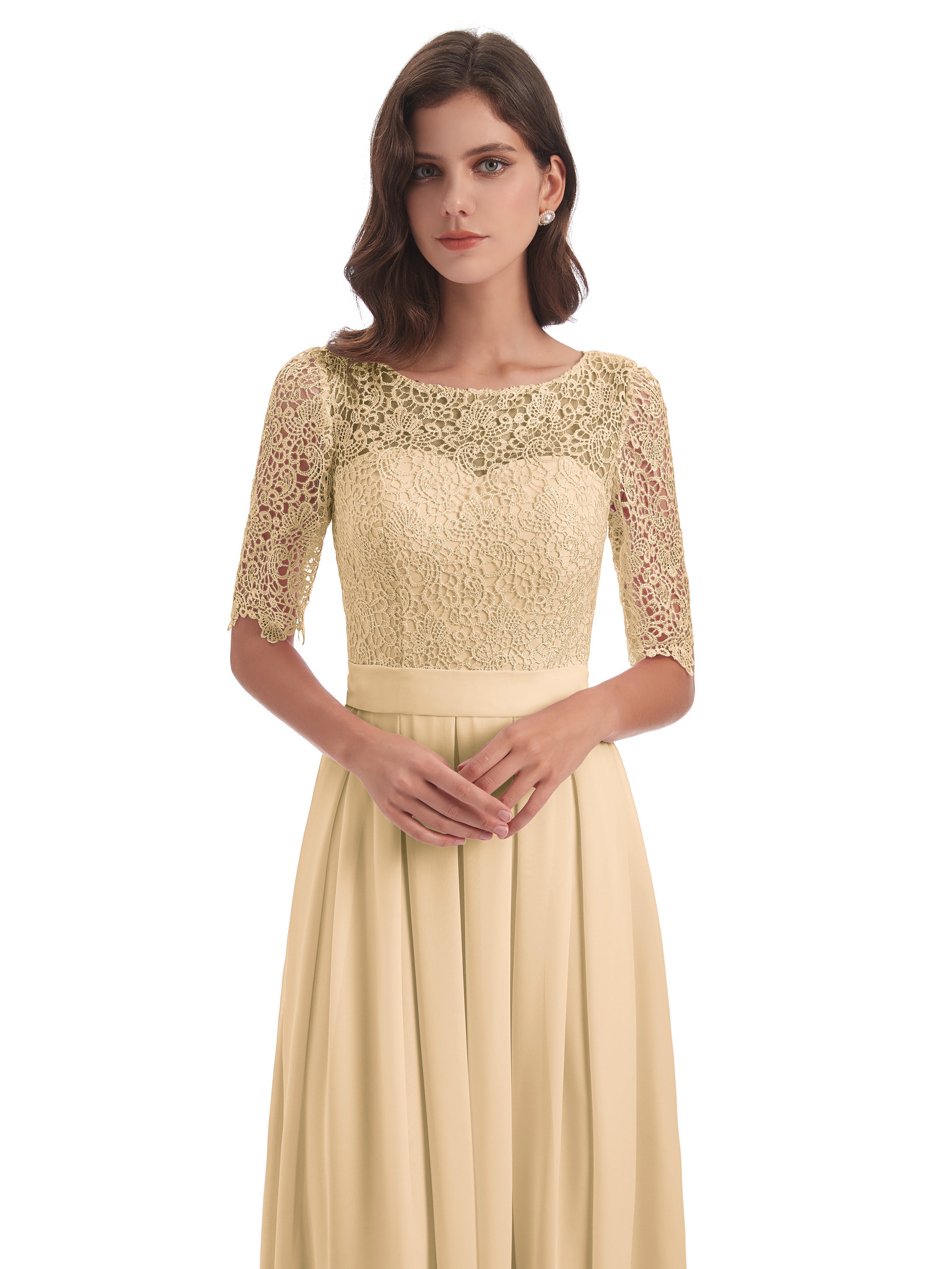 Robe De Demoiselle D Honneur Couleur Peche Demi Manches Encolure Dégagée Robes Demoiselle D'Honneur