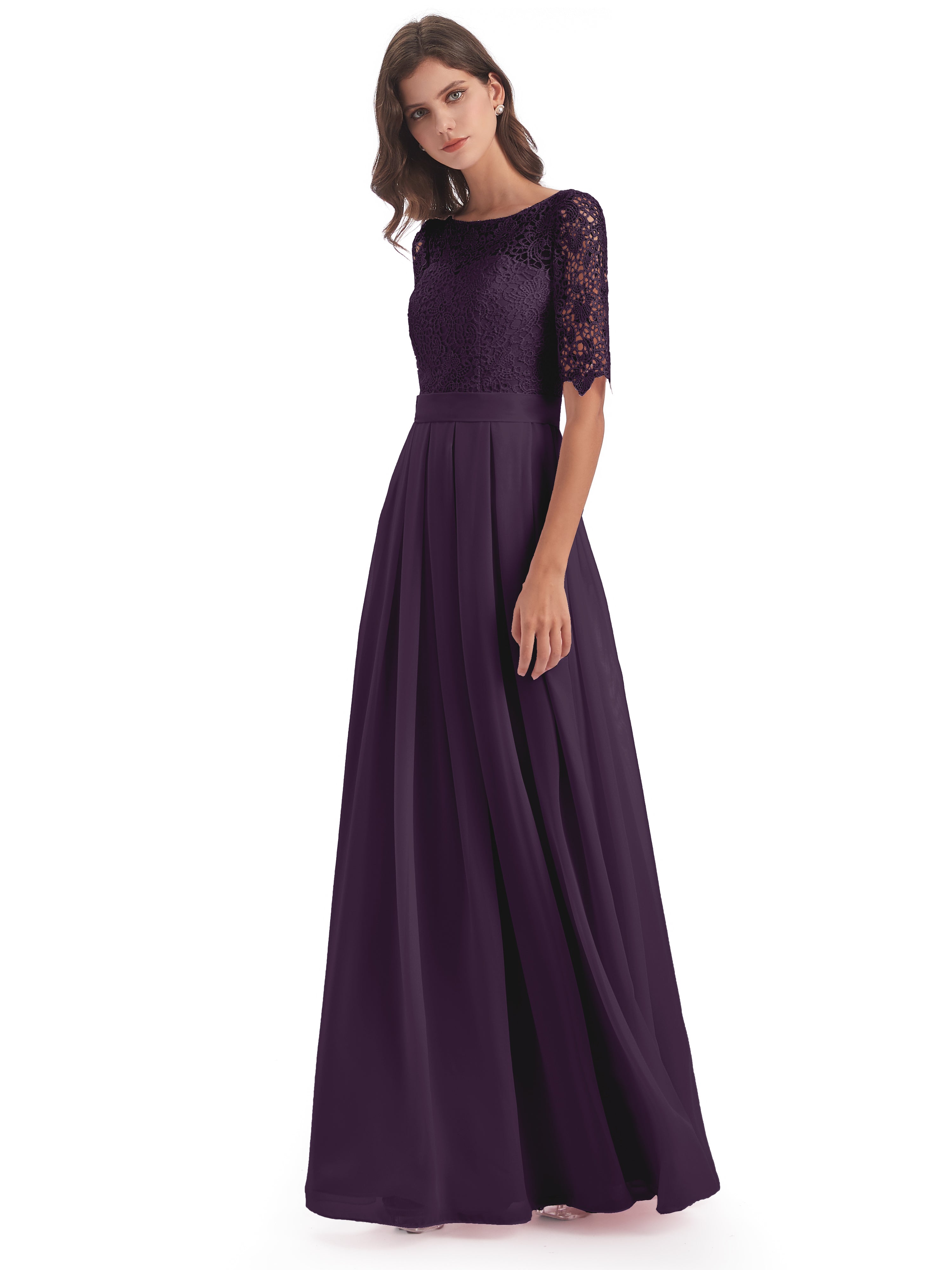 Robe De Demoiselle D'Honneur En Plum Demi Manches Encolure Dégagée Robes Demoiselle D'Honneur