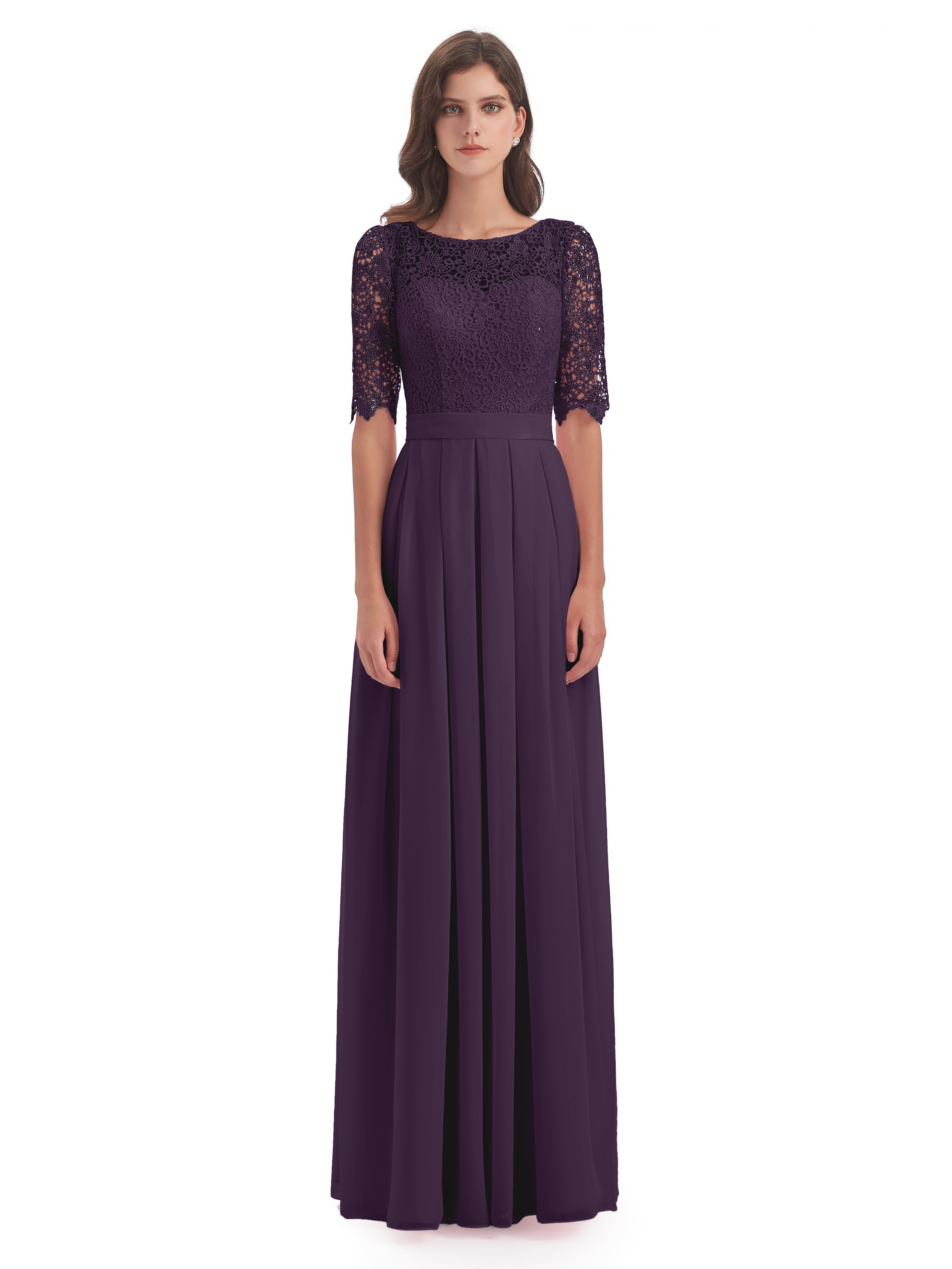 Robe De Demoiselle D'Honneur En Plum Demi Manches Encolure Dégagée Robes Demoiselle D'Honneur