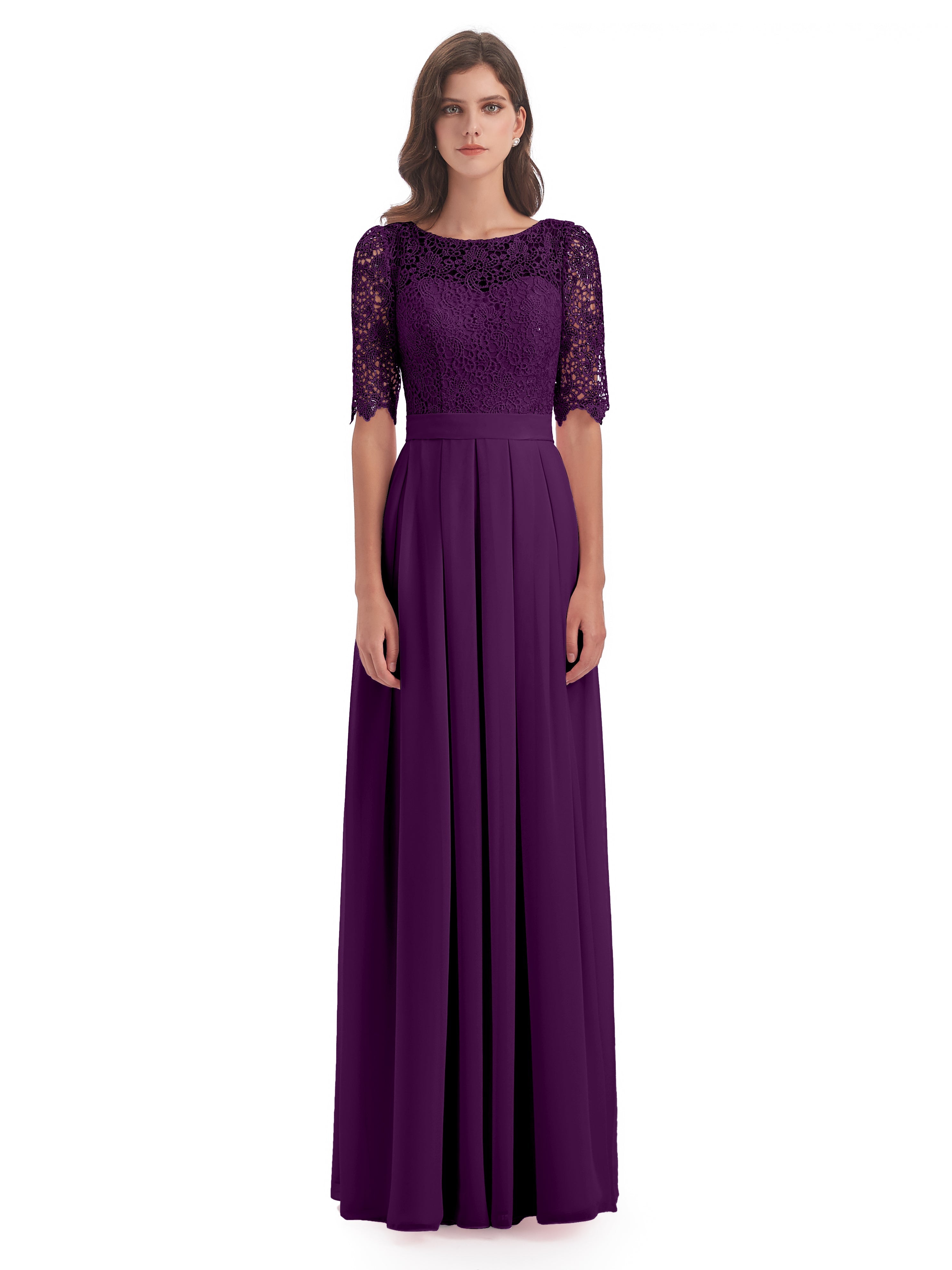 Robes De Demoiselle D'Honneur En Raisin Demi Manches Encolure Dégagée Robes Demoiselle D'Honneur