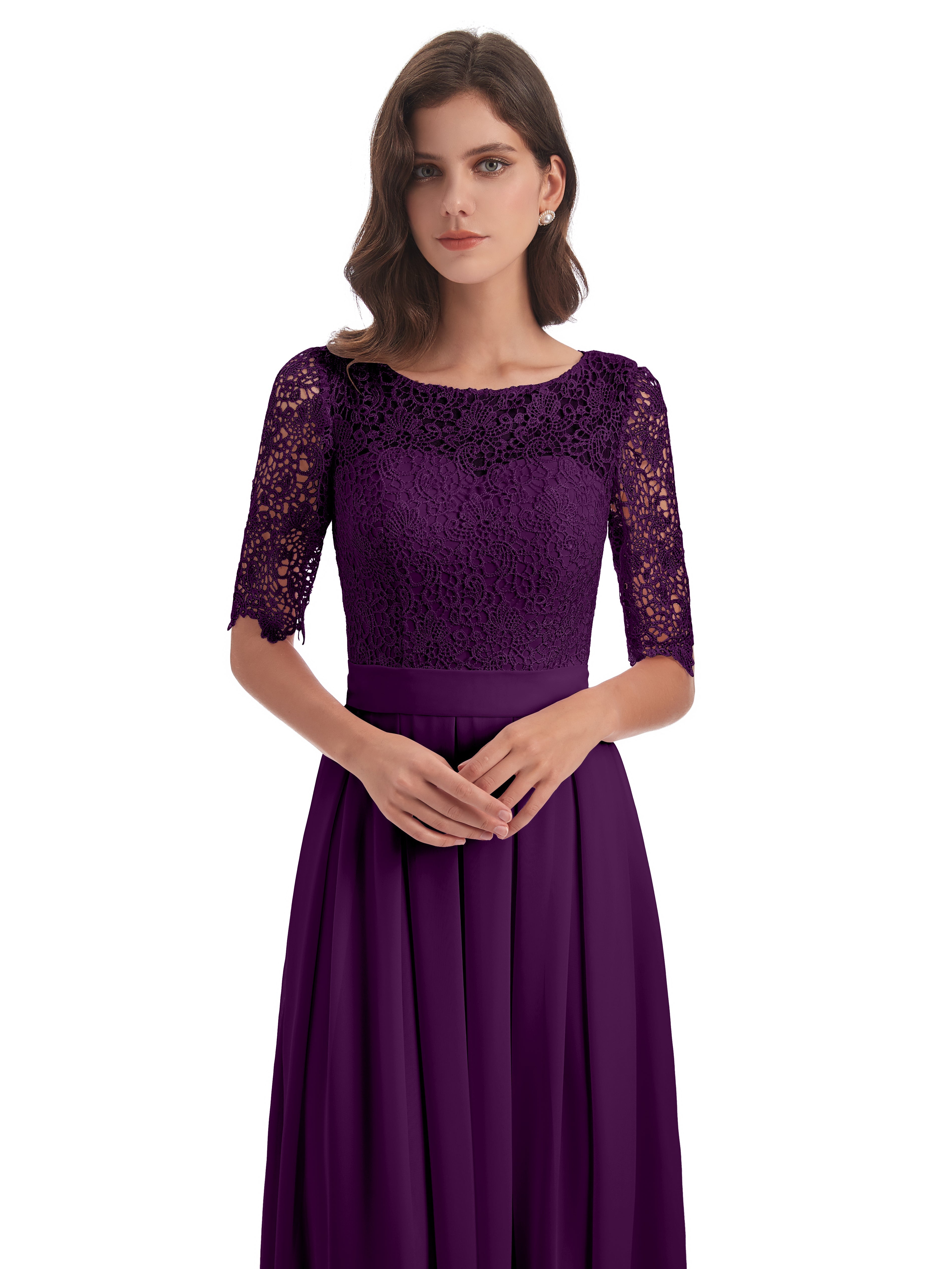 Robes De Demoiselle D'Honneur En Raisin Demi Manches Encolure Dégagée Robes Demoiselle D'Honneur