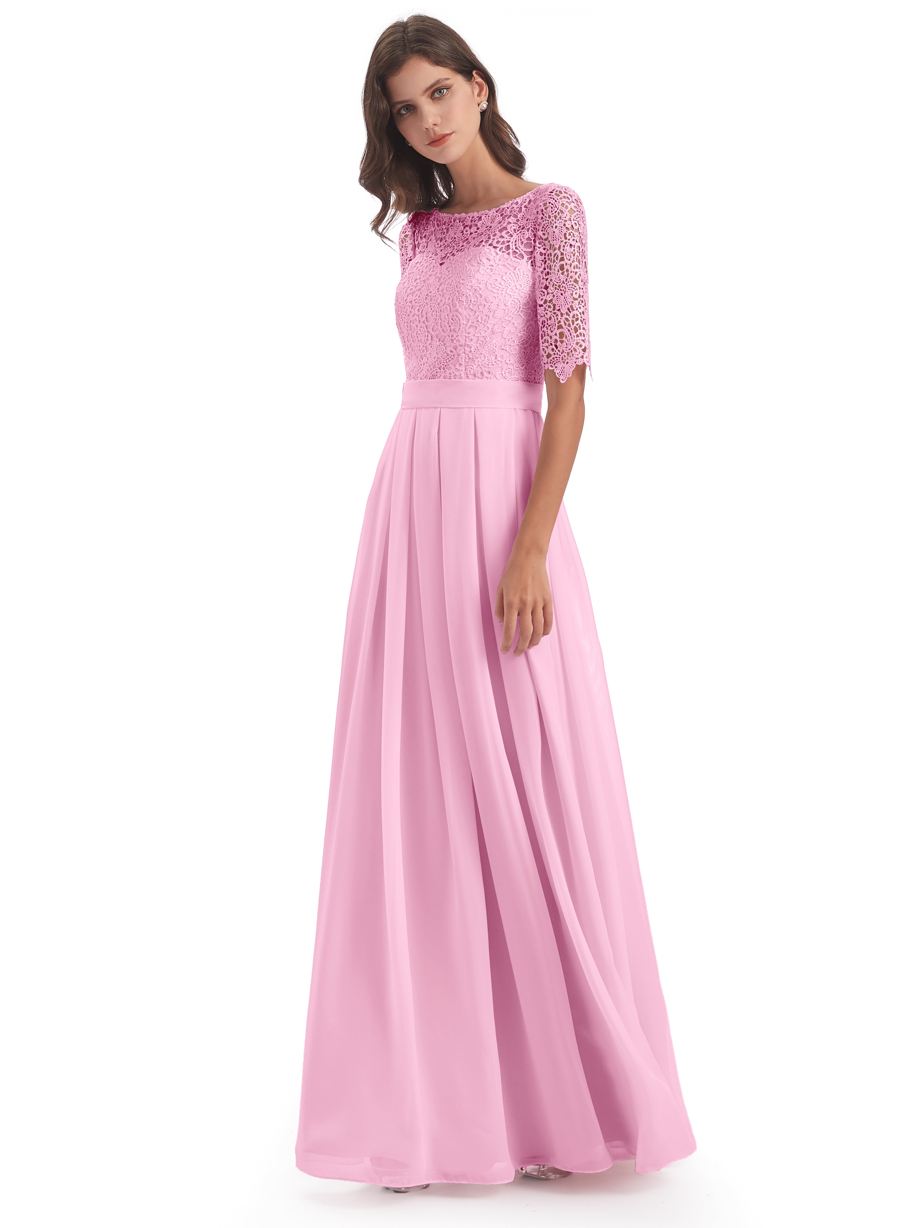 Robes De Demoiselle D'Honneur Rose Bonbon Demi Manches Encolure Dégagée Robes Demoiselle D'Honneur