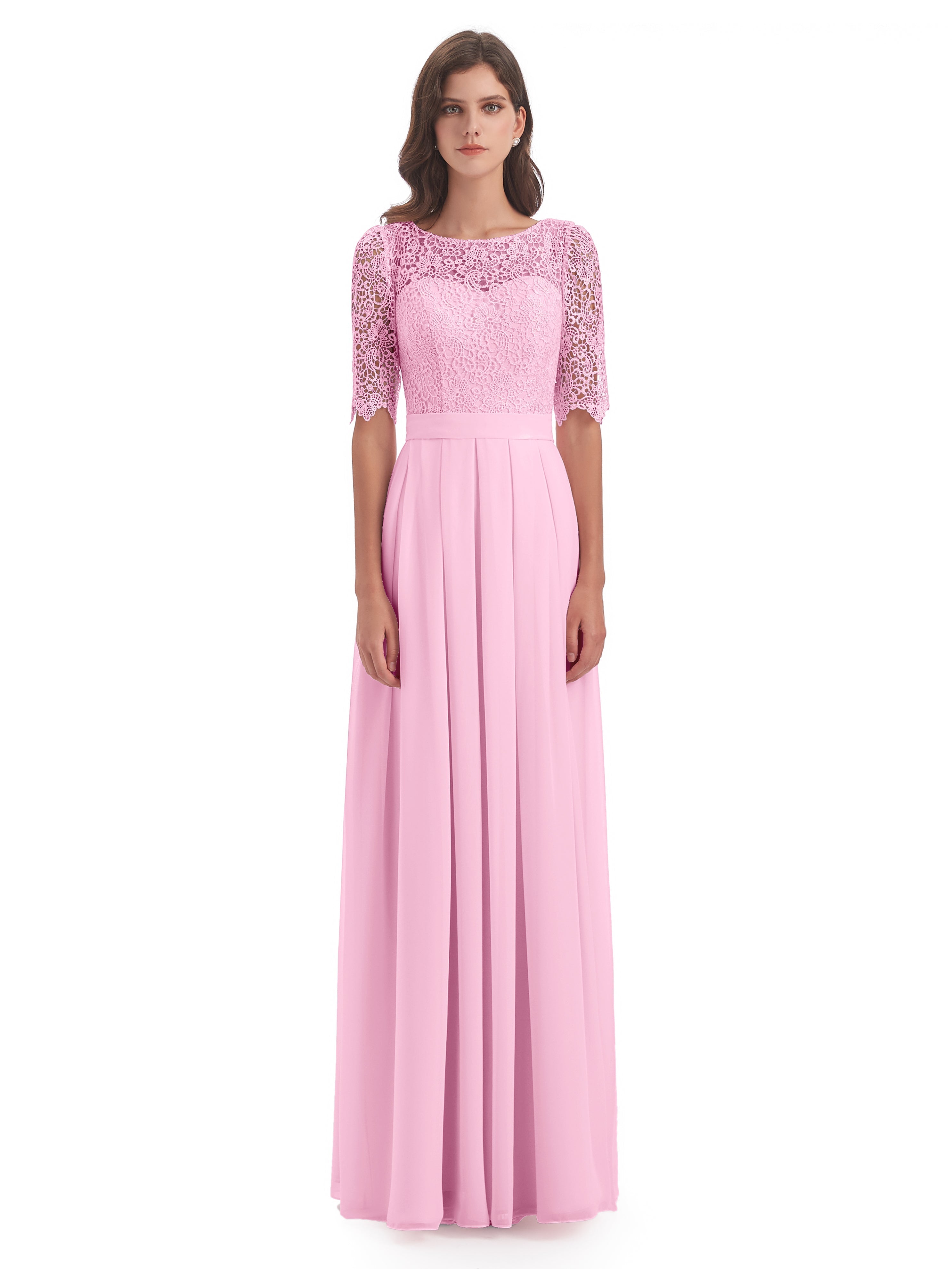 Robes De Demoiselle D'Honneur Rose Bonbon Demi Manches Encolure Dégagée Robes Demoiselle D'Honneur