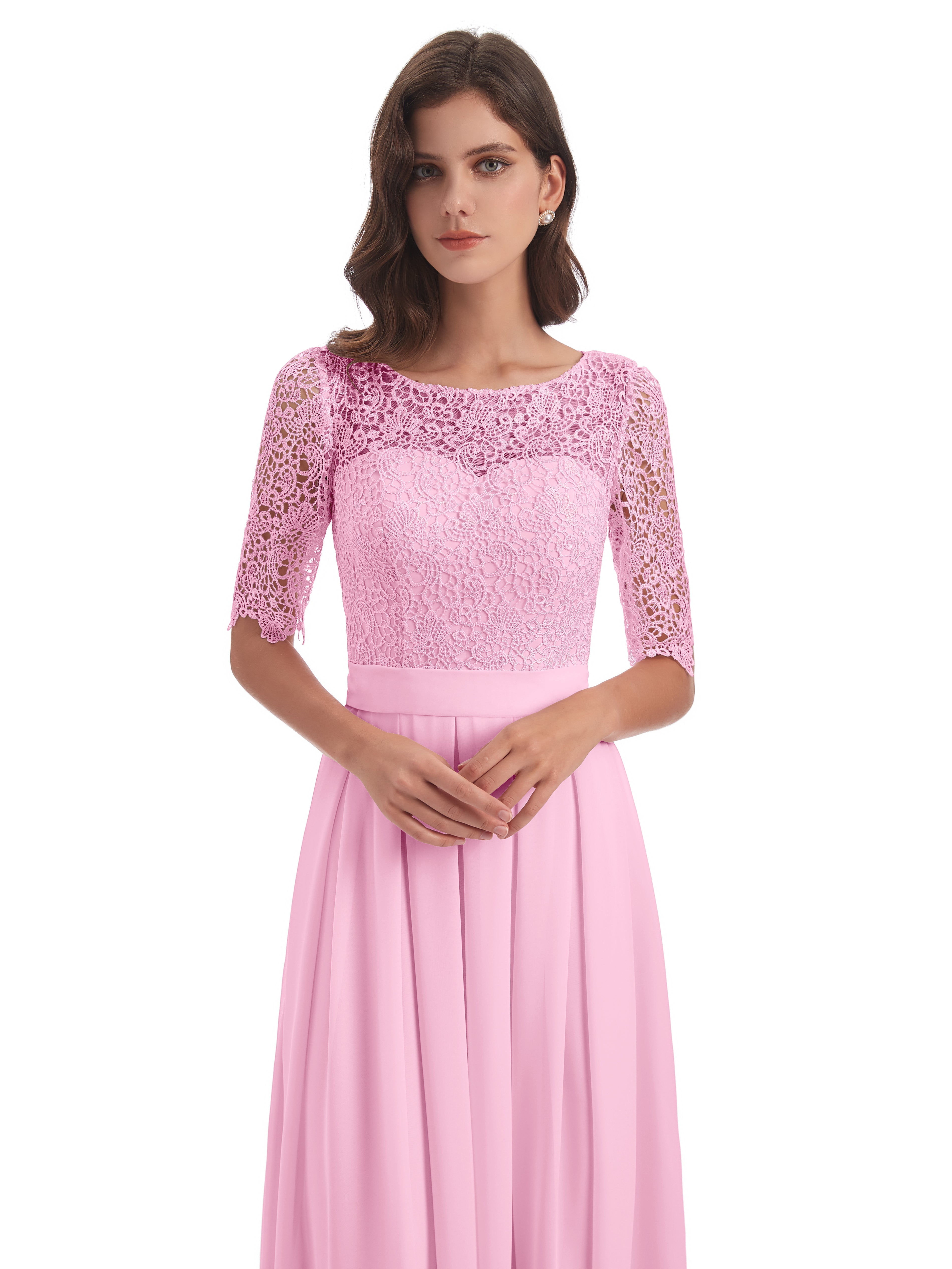Robes De Demoiselle D'Honneur Rose Bonbon Demi Manches Encolure Dégagée Robes Demoiselle D'Honneur