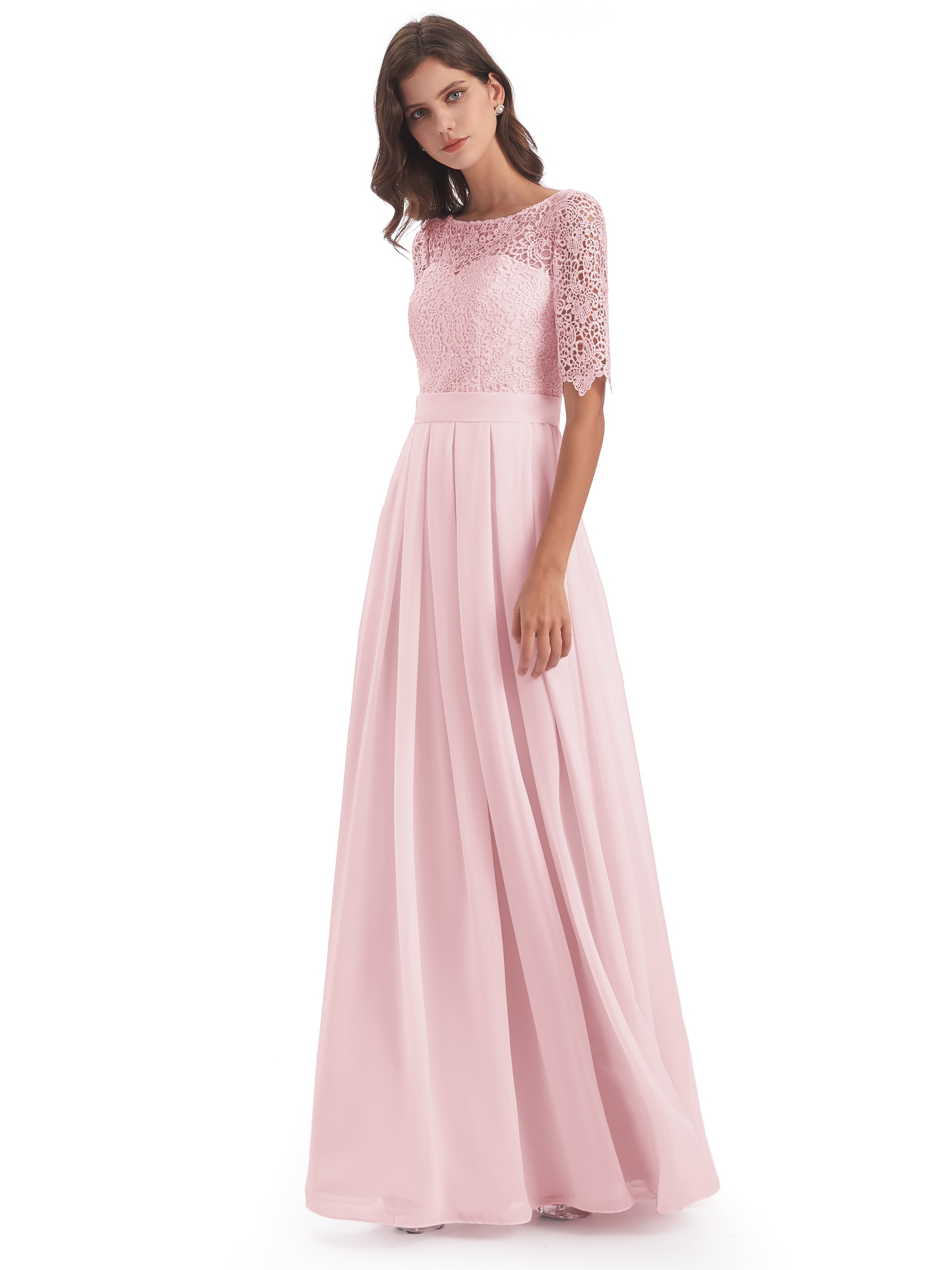 Robe Demoiselle Honneur Rose Pale Demi Manches Encolure Dégagée Robes Demoiselle D'Honneur