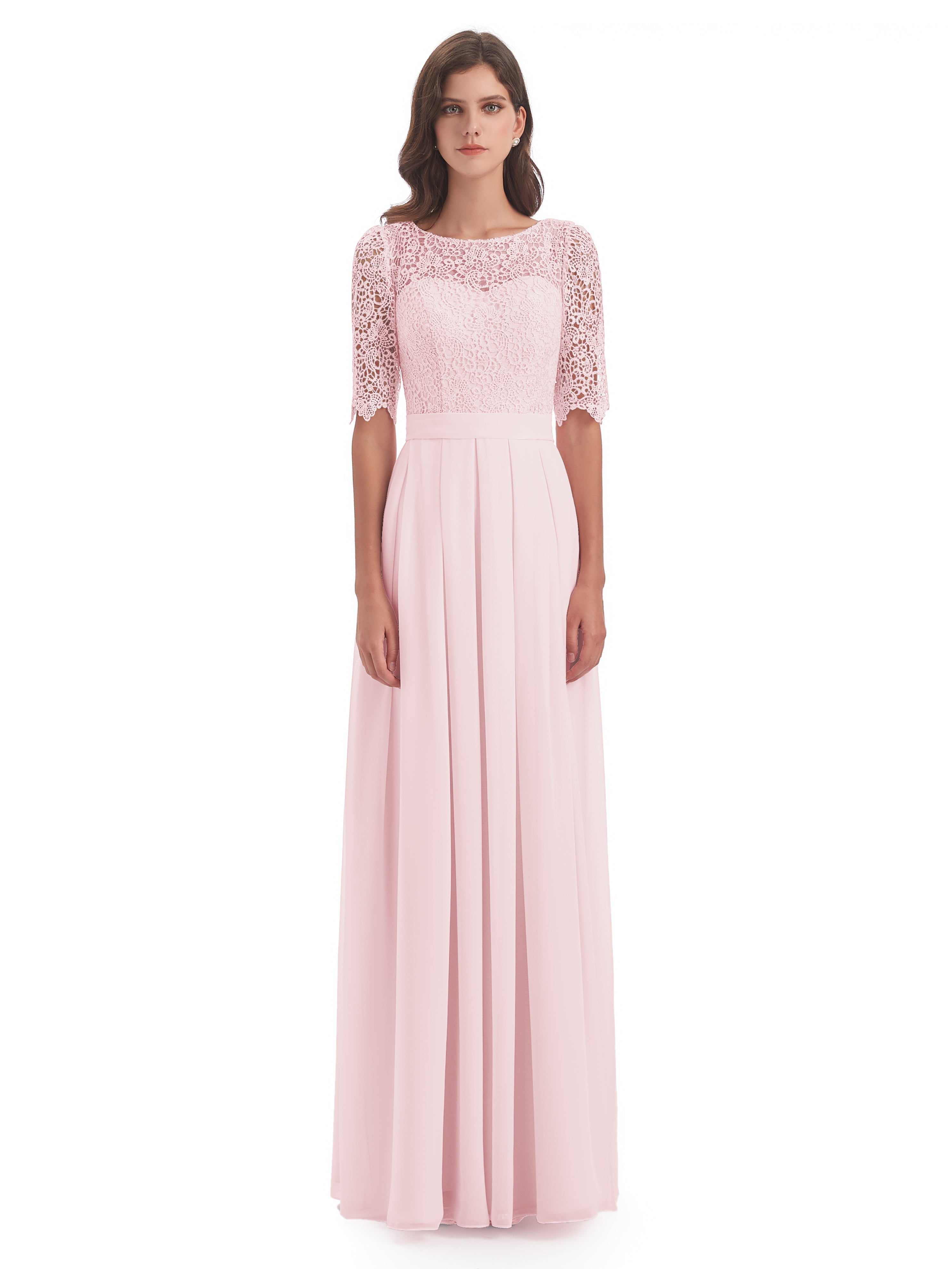 Robe Demoiselle Honneur Rose Pale Demi Manches Encolure Dégagée Robes Demoiselle D'Honneur