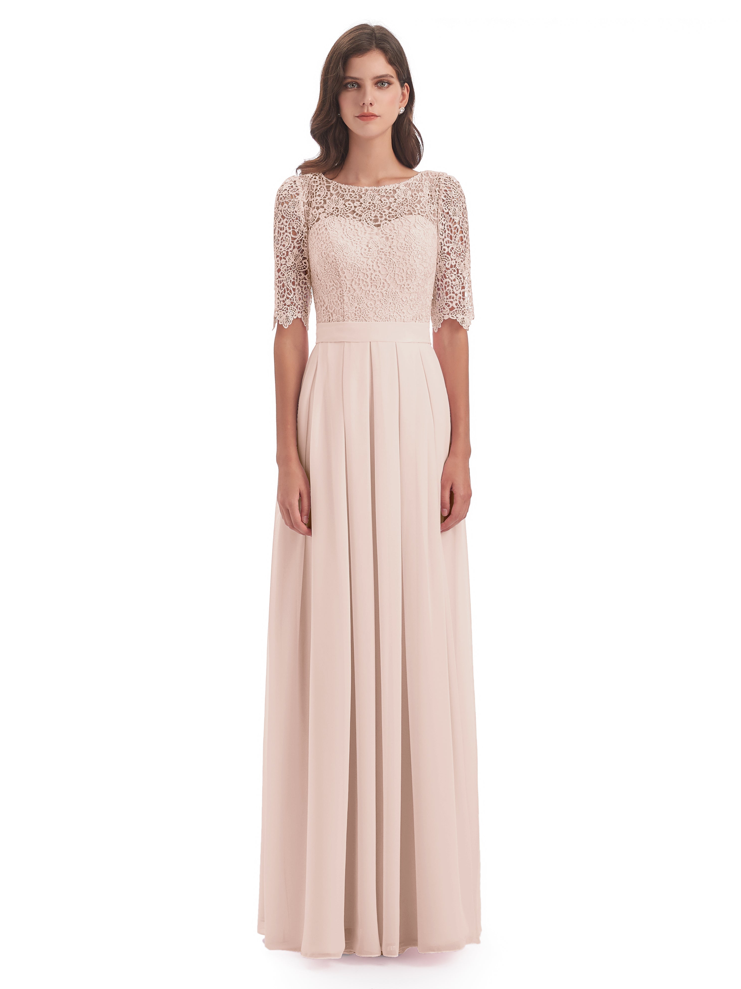 Robe De Demoiselle D'Honneur En Perles Demi Manches Encolure Dégagée Robes Demoiselle D'Honneur