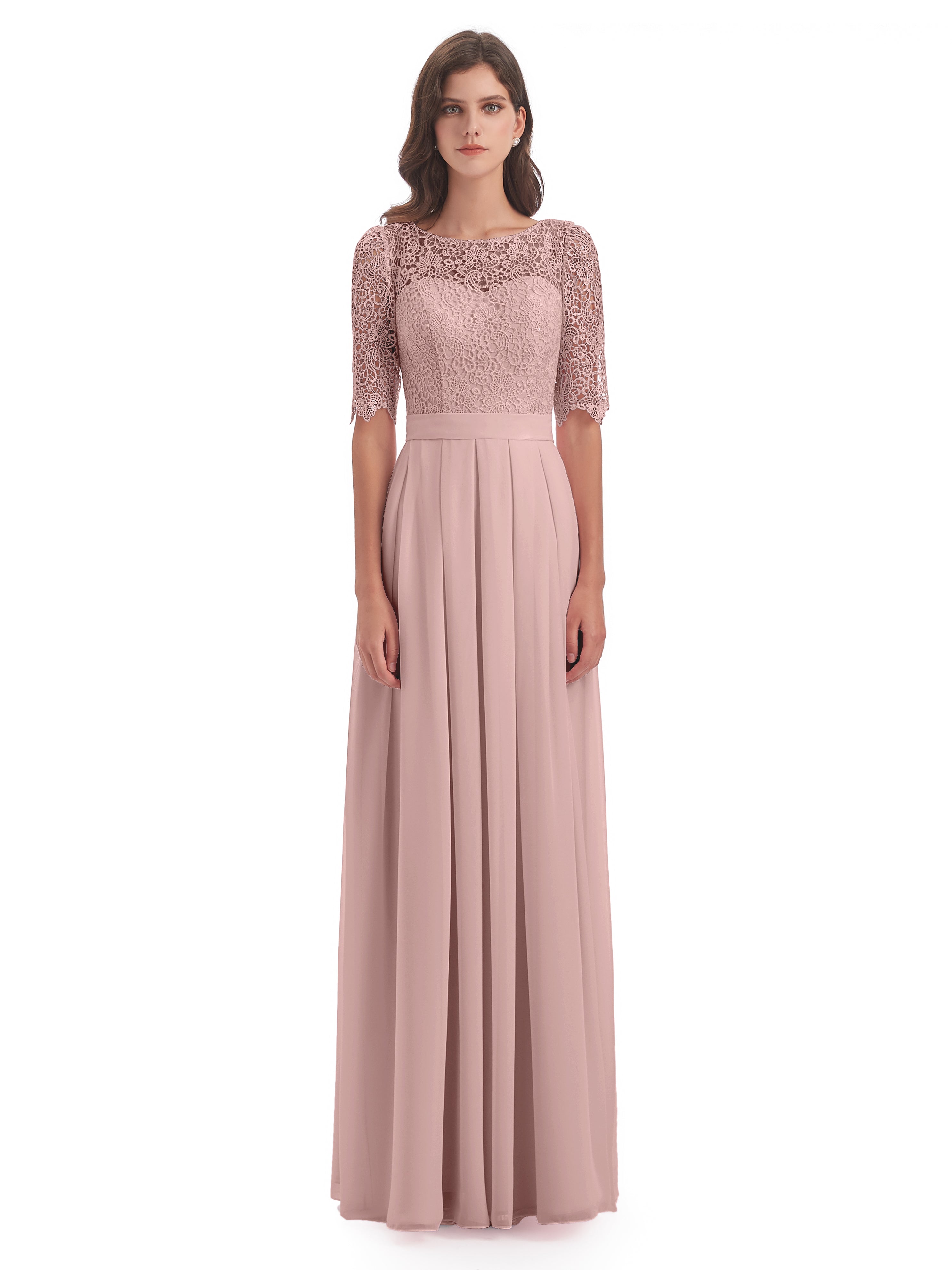 Robe Demoiselle D Honneur Rose Poudré Demi Manches Encolure Dégagée Robes Demoiselle D'Honneur
