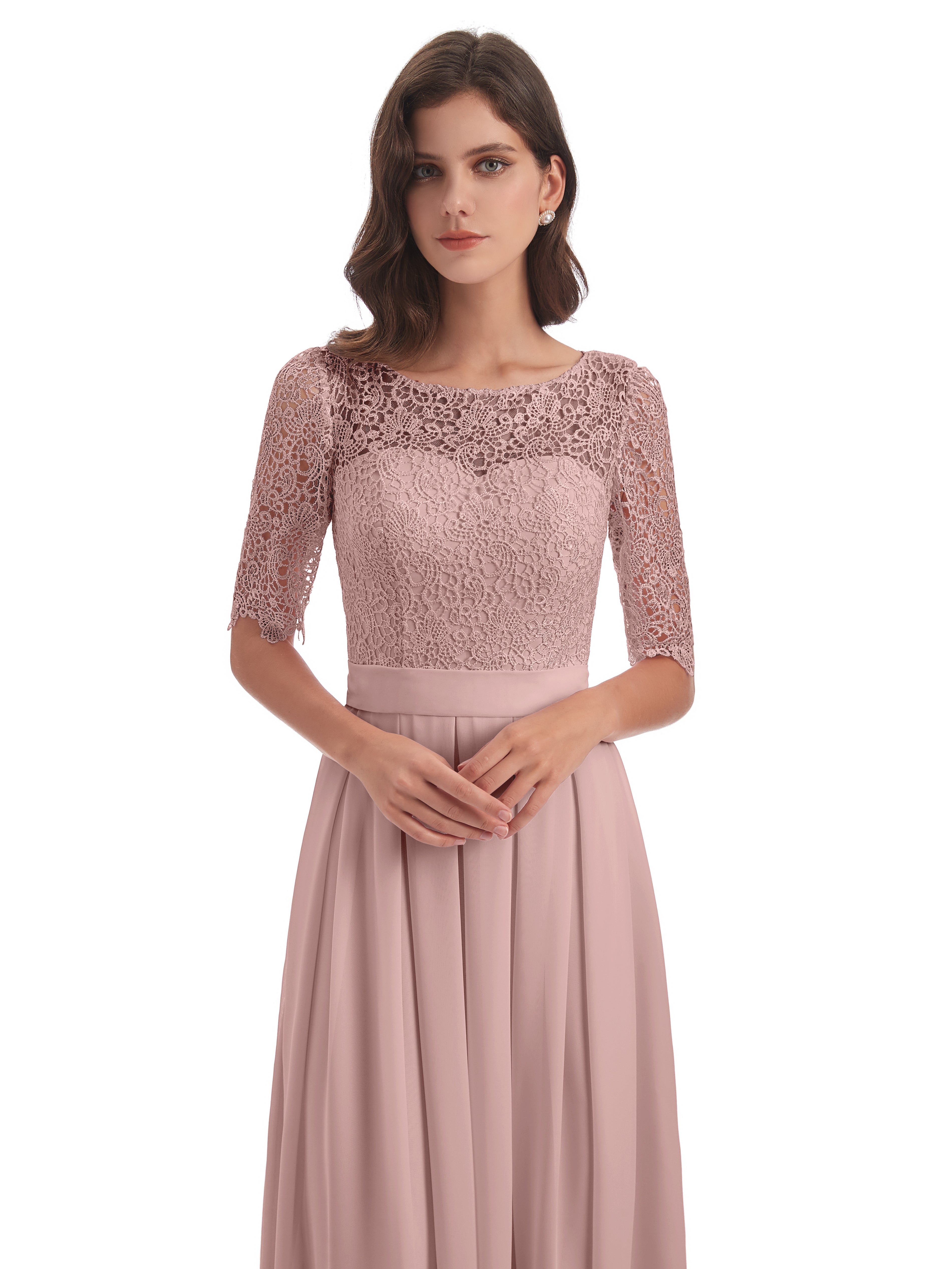 Robe Demoiselle D Honneur Rose Poudré Demi Manches Encolure Dégagée Robes Demoiselle D'Honneur