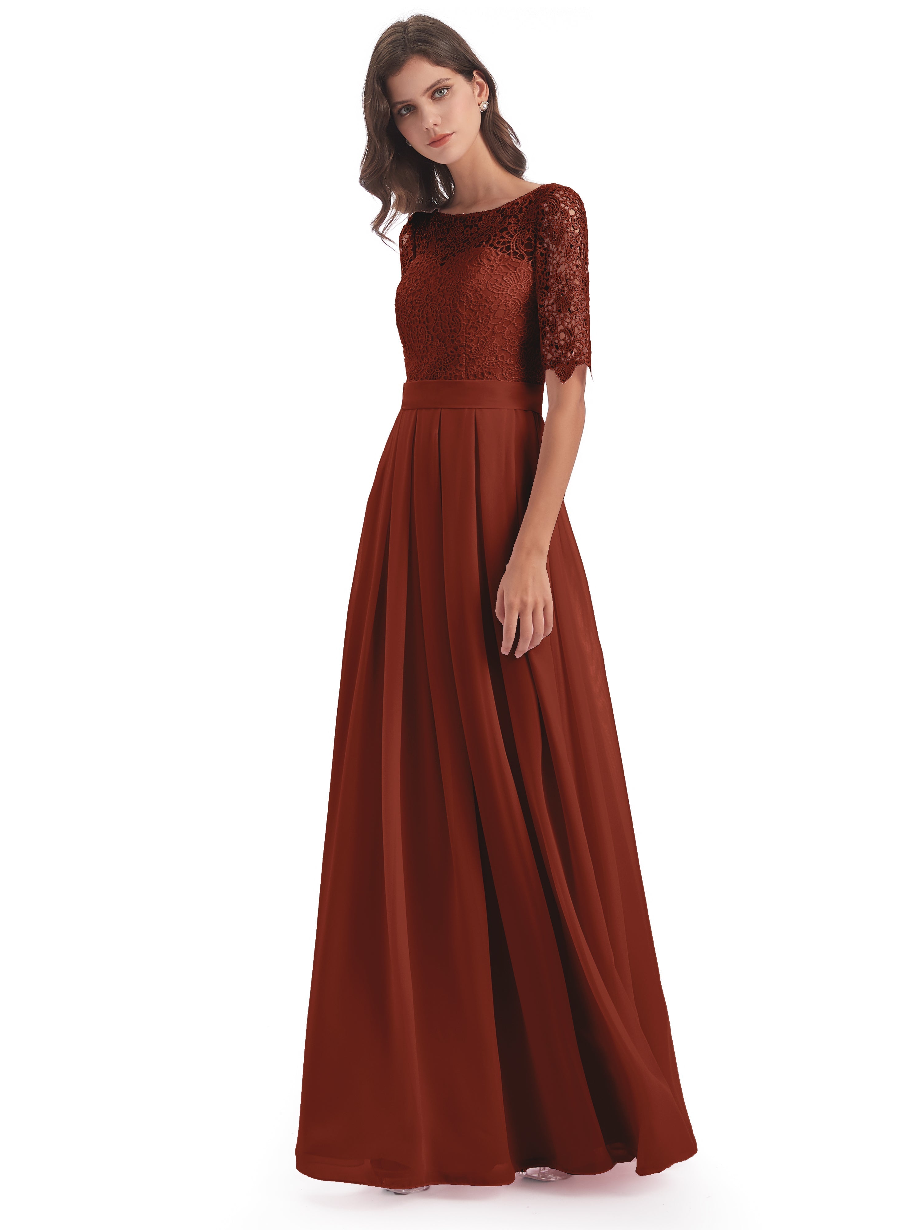 Robe De Demoiselle D'Honneur Rouille Demi Manches Encolure Dégagée Robes Demoiselle D'Honneur