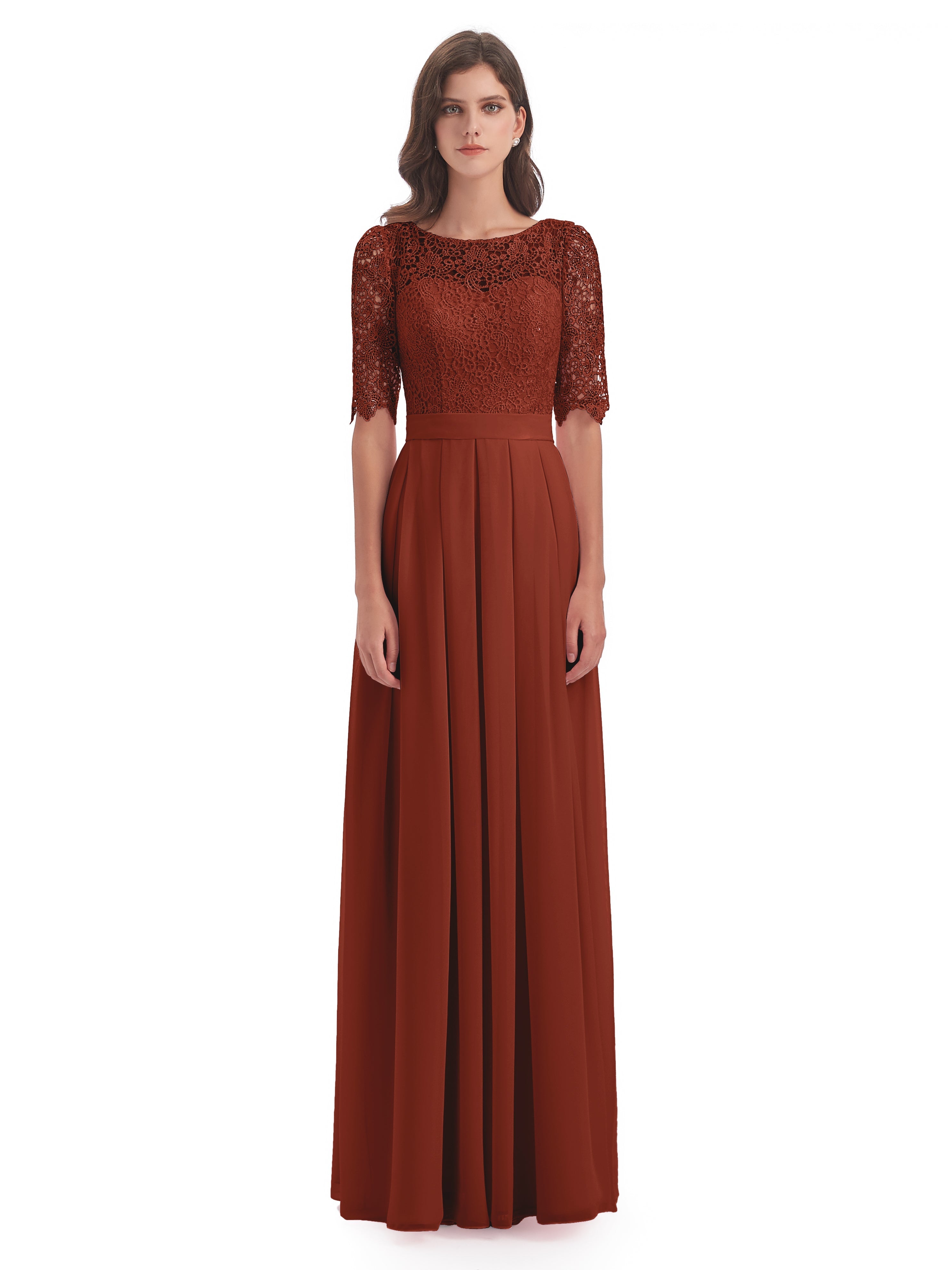 Robe De Demoiselle D'Honneur Rouille Demi Manches Encolure Dégagée Robes Demoiselle D'Honneur