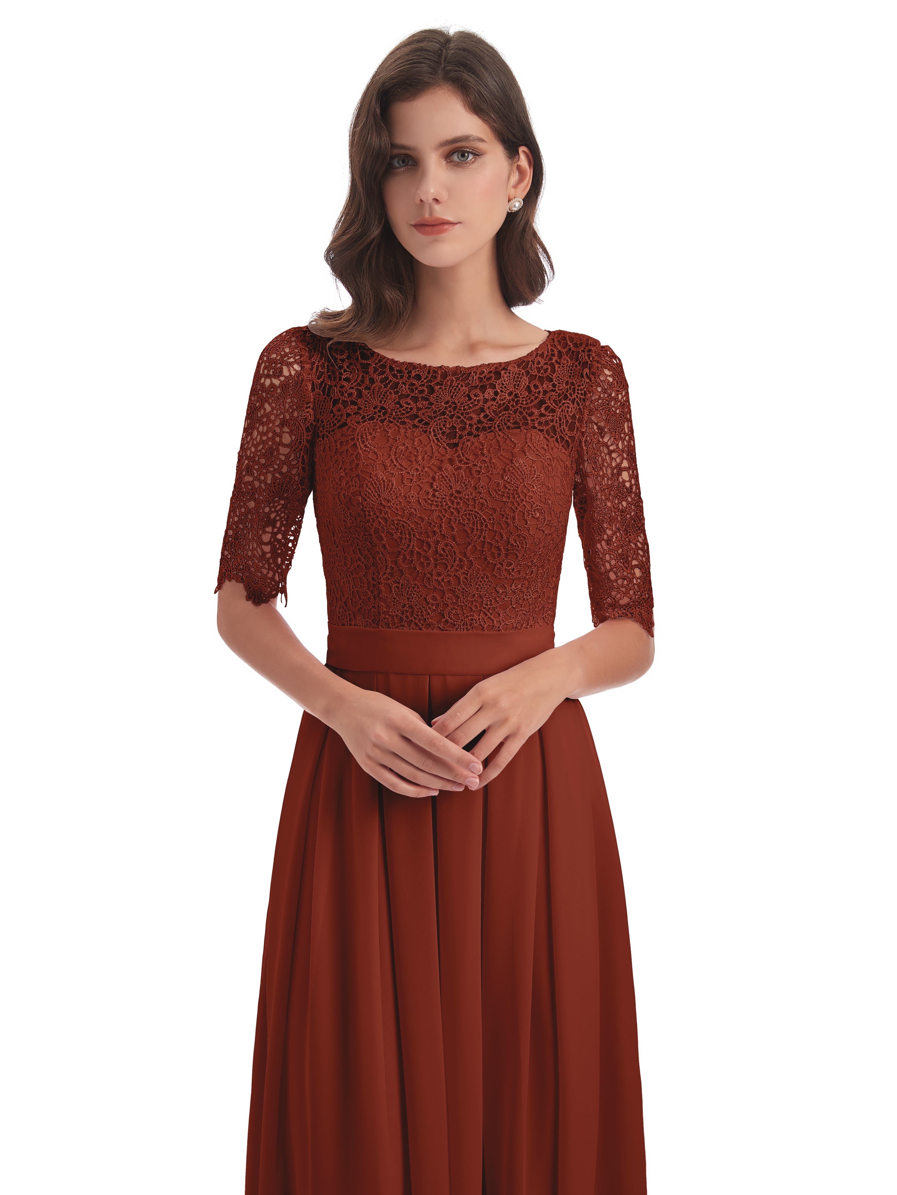 Robe De Demoiselle D'Honneur Rouille Demi Manches Encolure Dégagée Robes Demoiselle D'Honneur