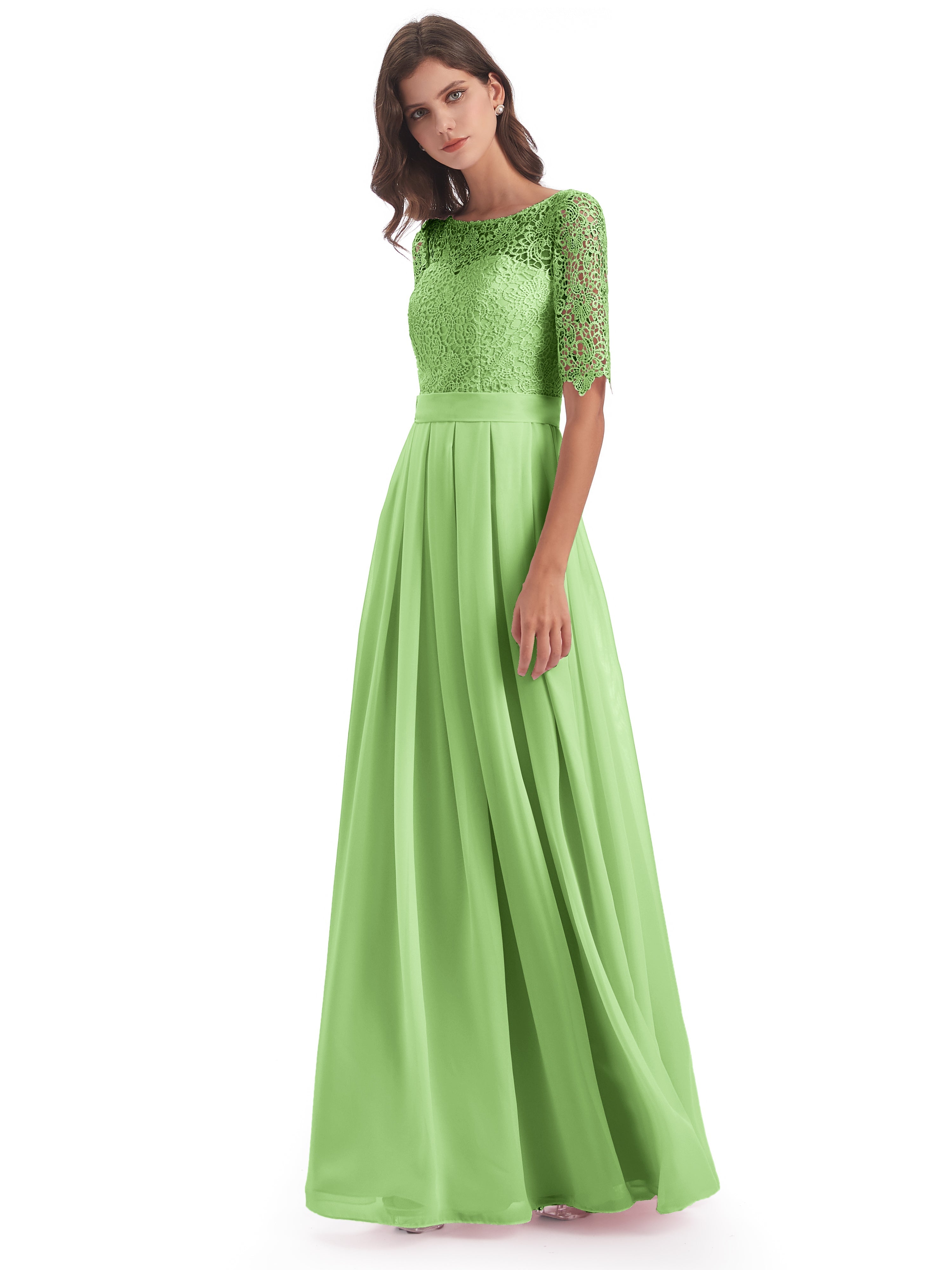 Demoiselle D Honneur Vert Sauge Demi Manches Encolure Dégagée Robes Demoiselle D'Honneur