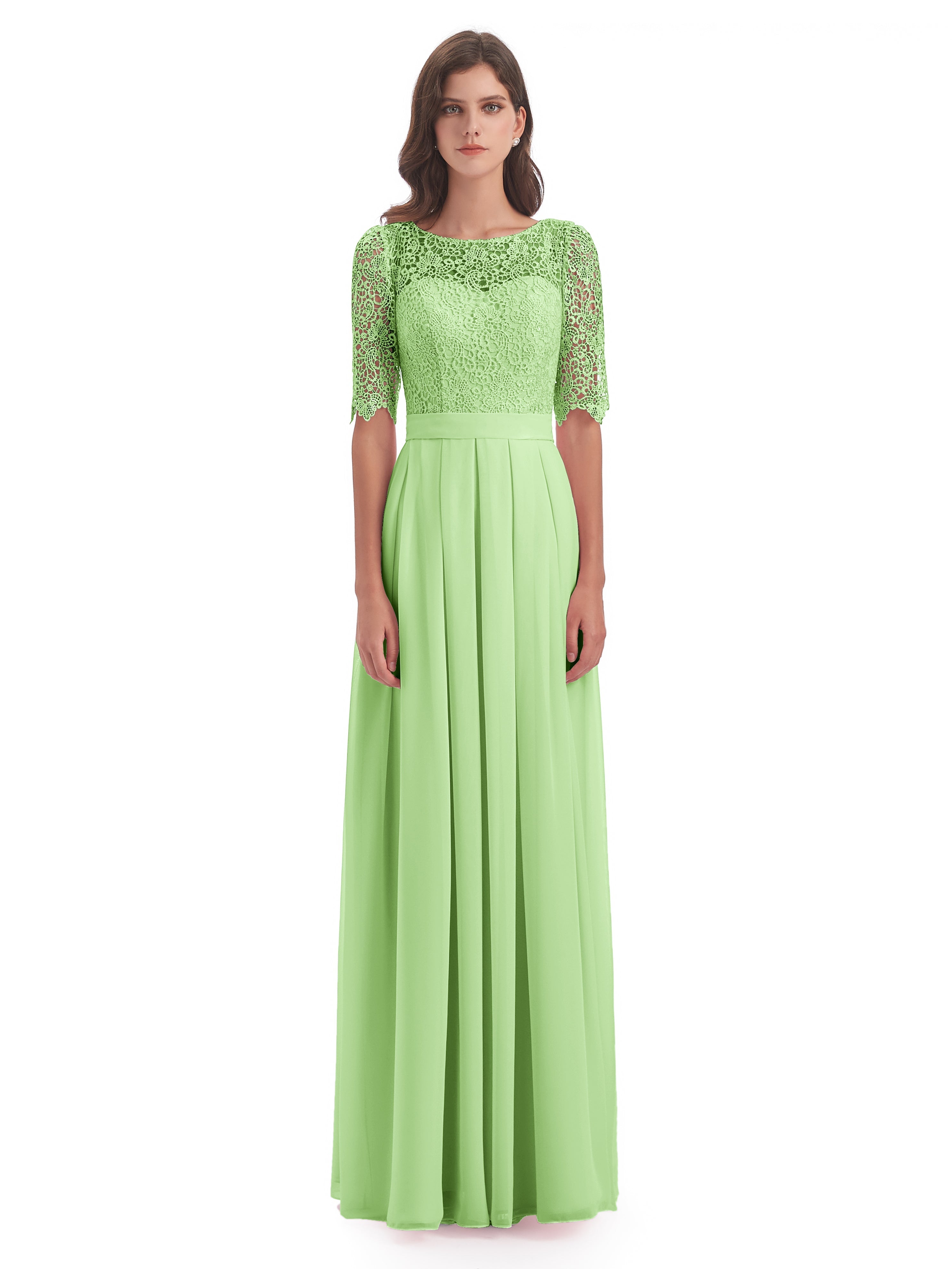Demoiselle D Honneur Vert Sauge Demi Manches Encolure Dégagée Robes Demoiselle D'Honneur