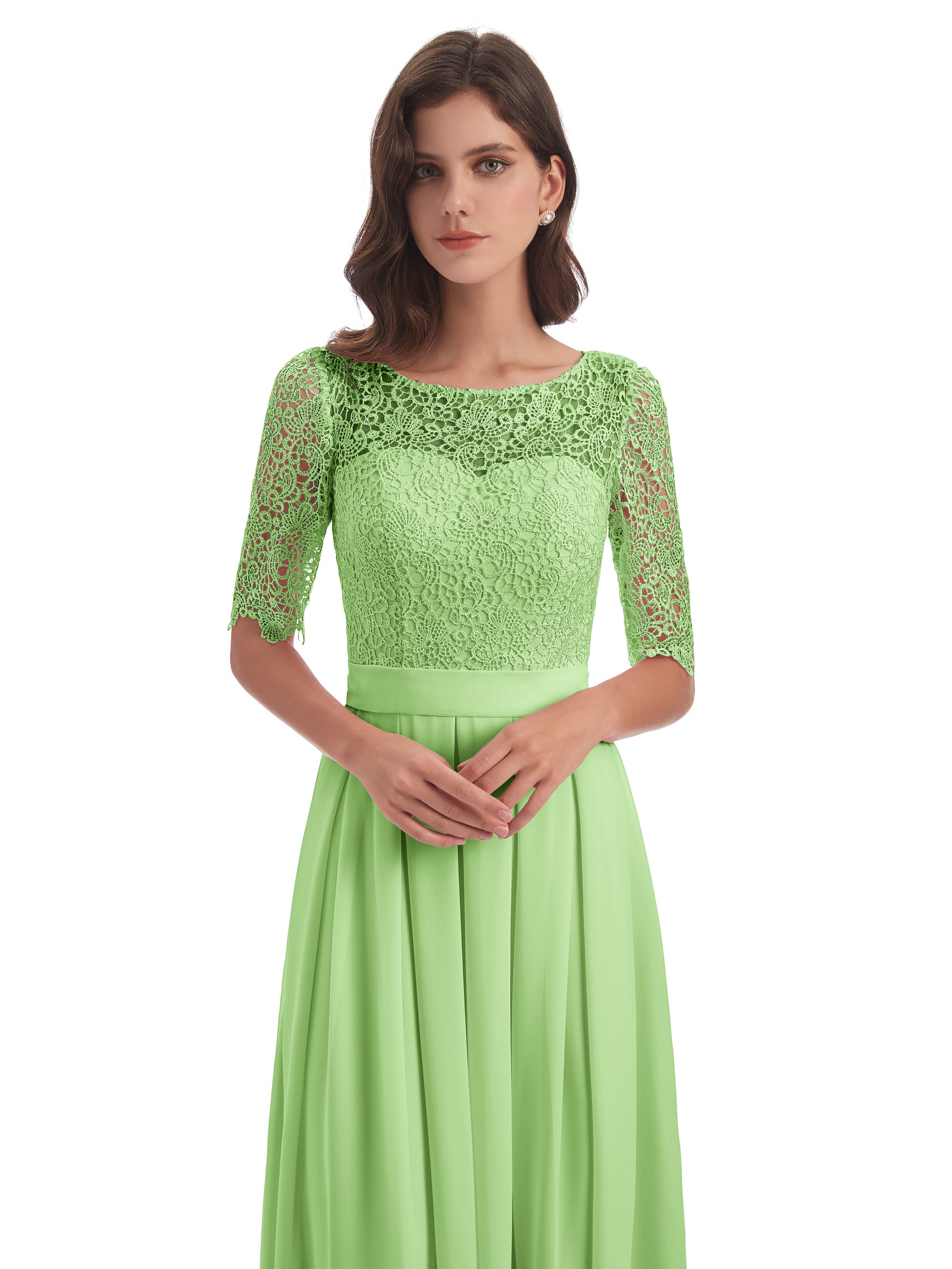 Demoiselle D Honneur Vert Sauge Demi Manches Encolure Dégagée Robes Demoiselle D'Honneur