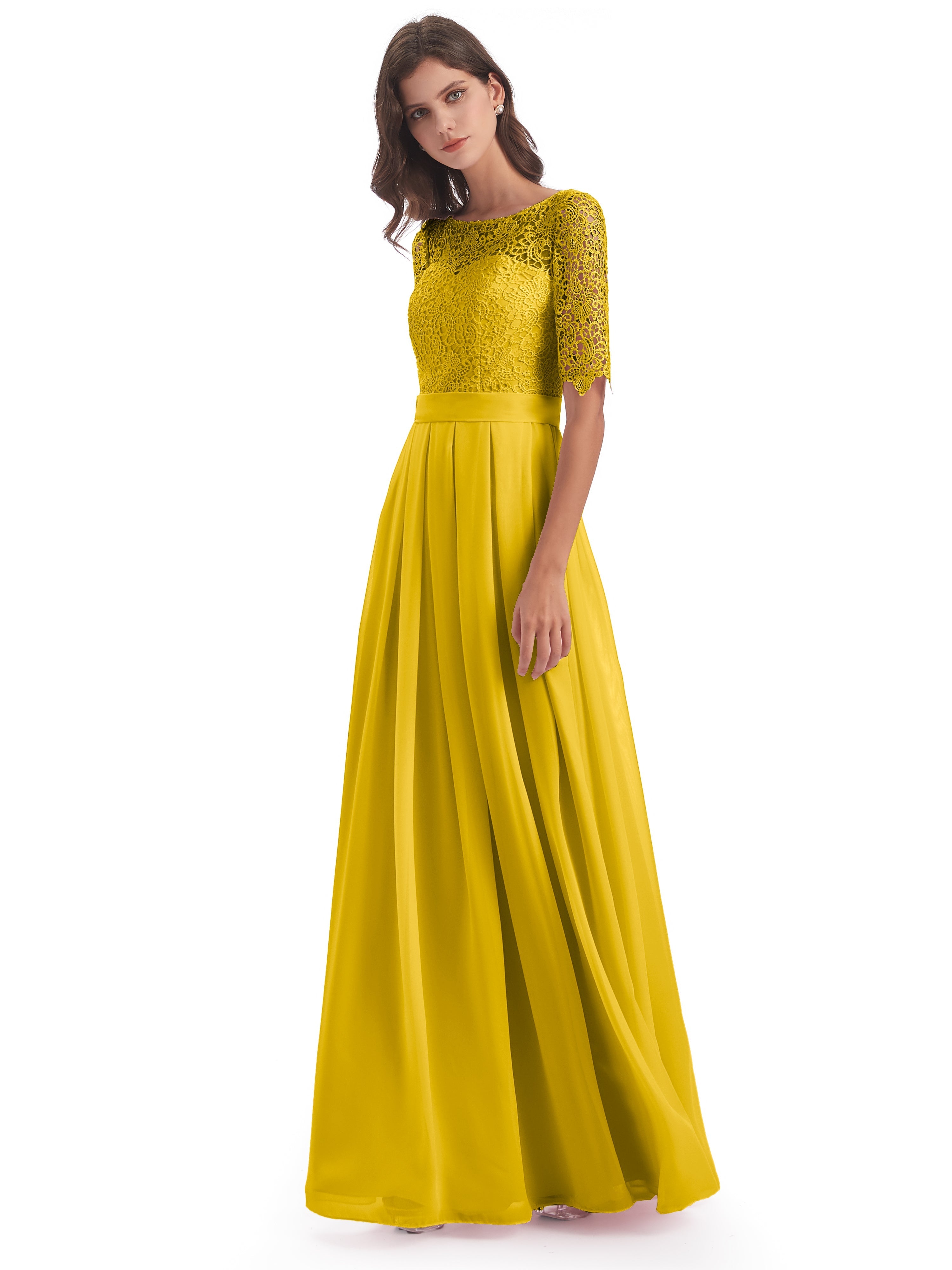 Robe De Demoiselle D'Honneur Souci Demi Manches Encolure Dégagée Robes Demoiselle D'Honneur