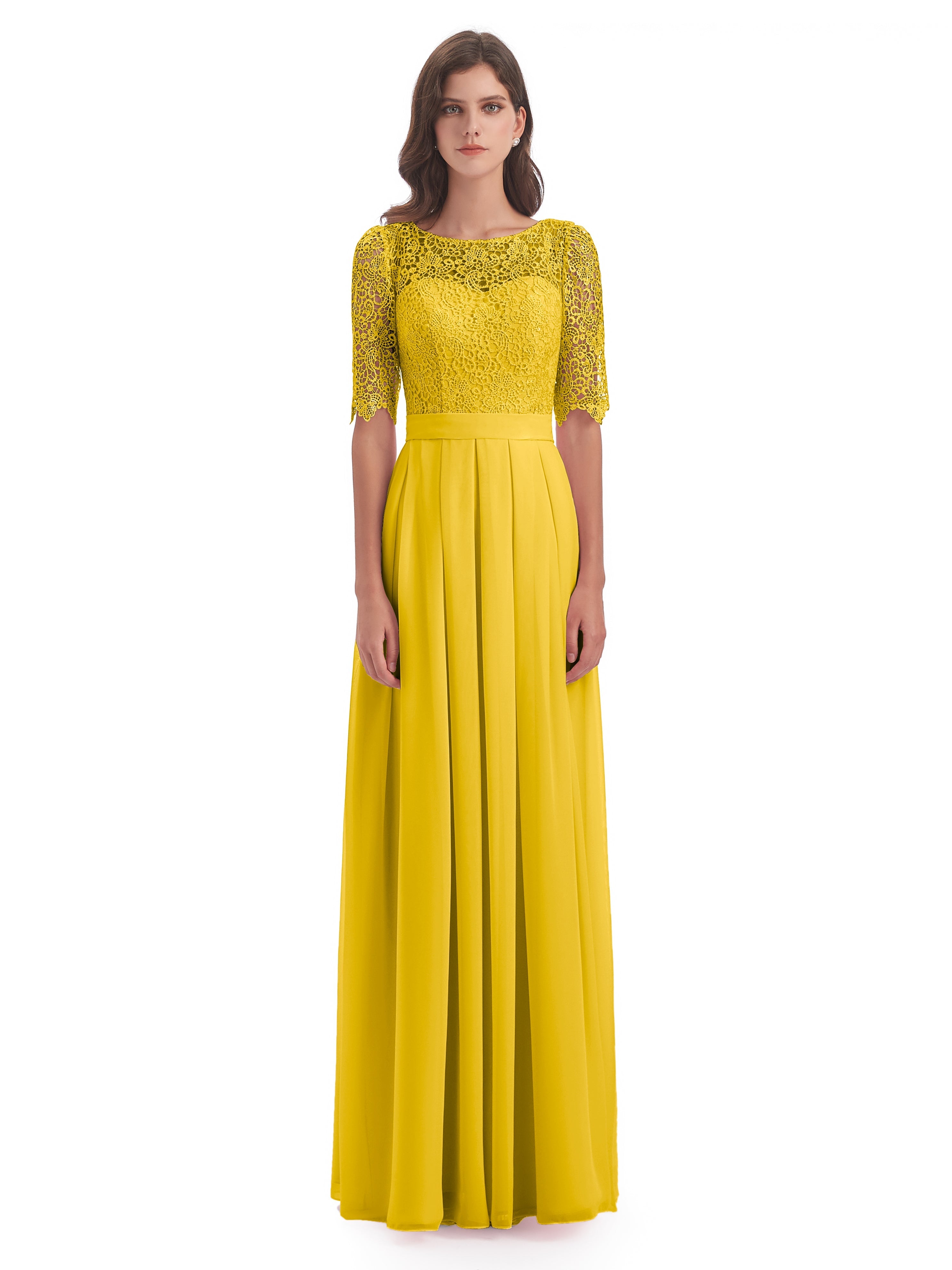 Robe De Demoiselle D'Honneur Souci Demi Manches Encolure Dégagée Robes Demoiselle D'Honneur
