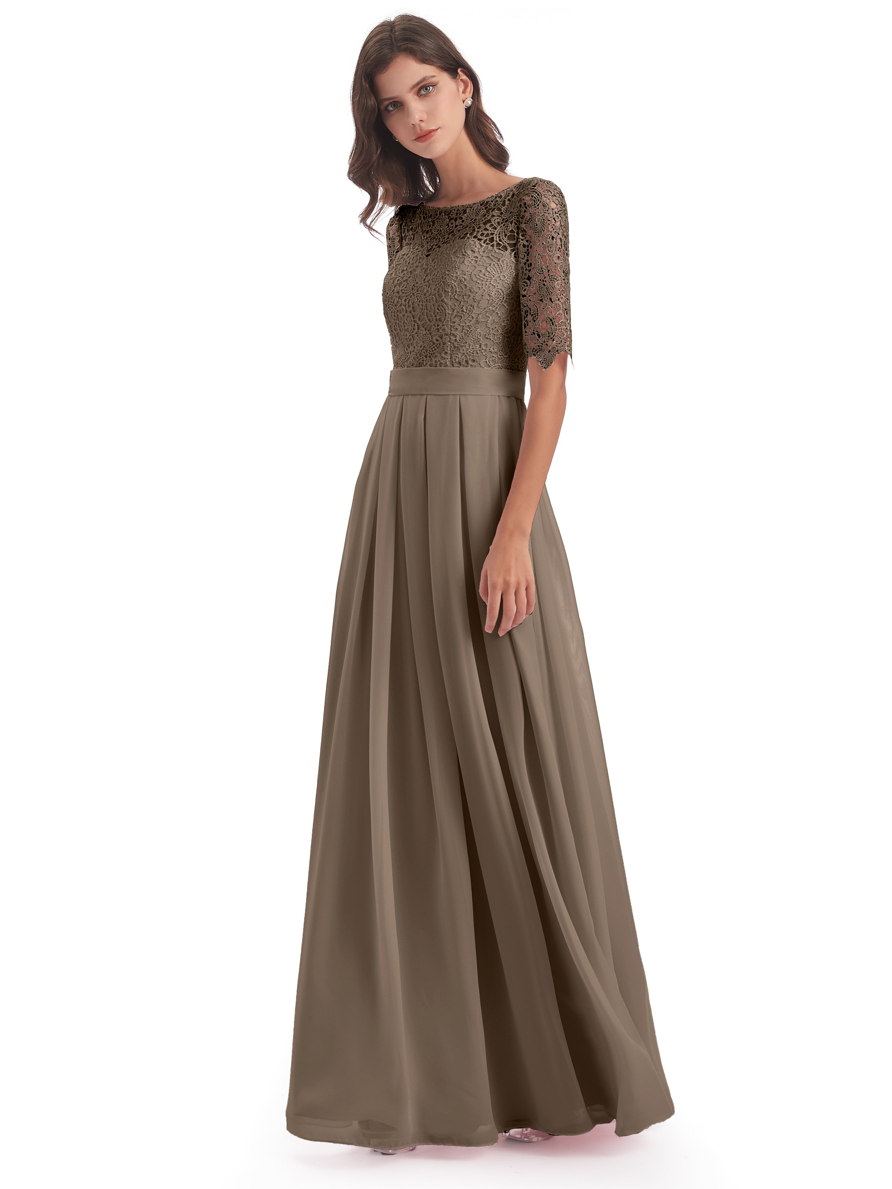 Couleur Taupe Robe Demi Manches Encolure Dégagée Robes Demoiselle D'Honneur