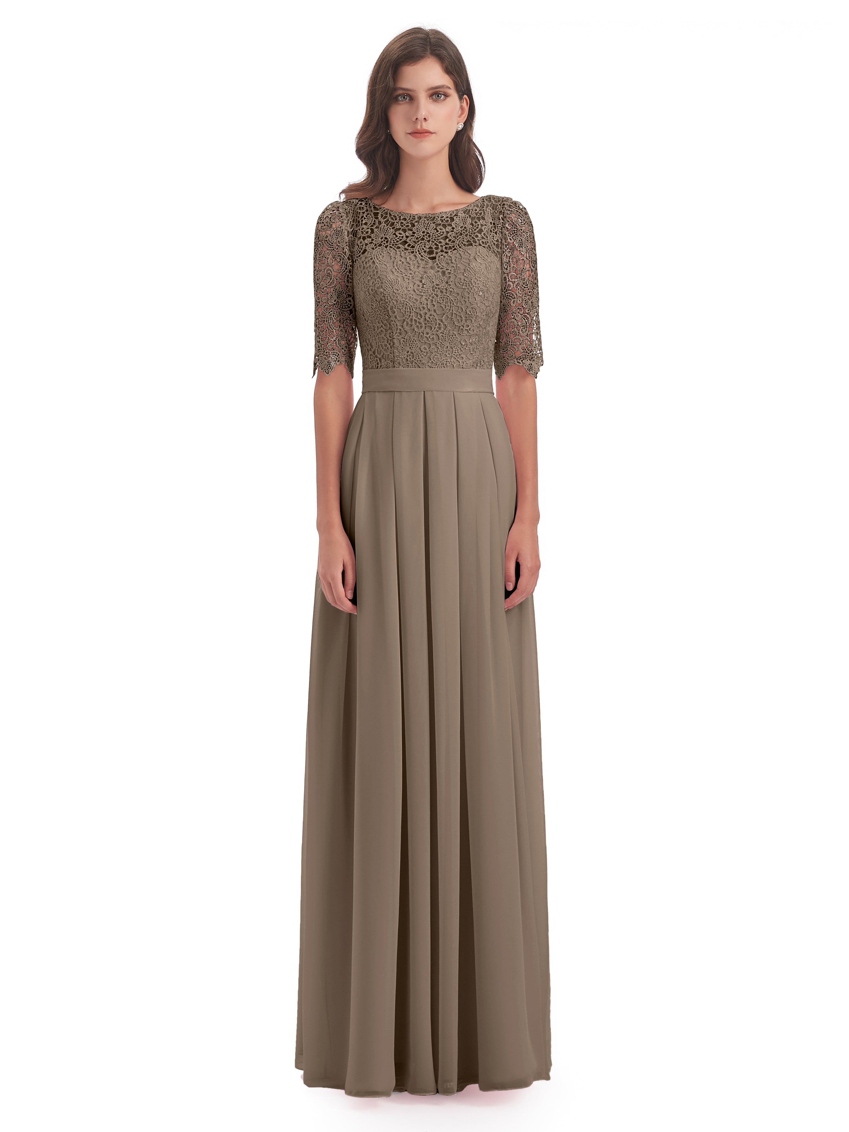 Couleur Taupe Robe Demi Manches Encolure Dégagée Robes Demoiselle D'Honneur